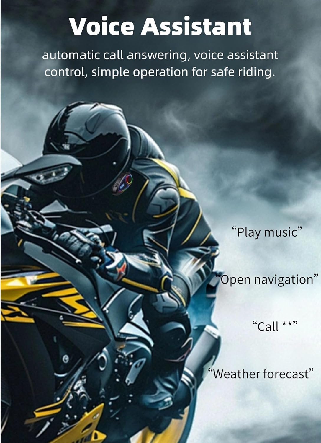 Diyeeni Motorcycle Helmet Bluetooth Headset, IP65 Waterproof Wireless Helmet Headphone with Noise Cancellation, Helmet Intercom Communication System, LCD Screen, FM Radio, EQ Settings image number 1