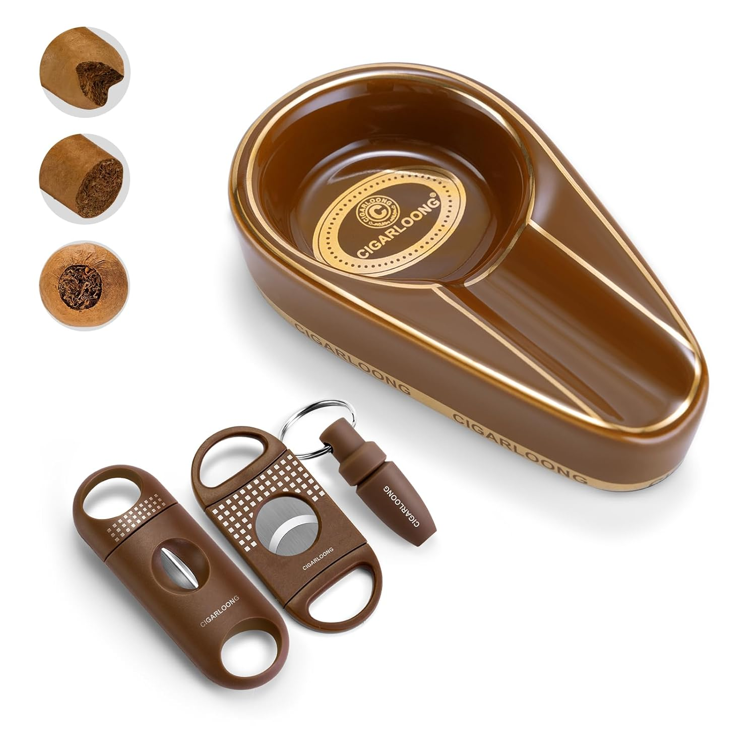 Cigar Ashtray with Cigar Cutter Set Portable, Include Ceramic Ashtray, Enlarge Sharp V-Cut Cutter Punch with Gift Box, Accessories Set for Men(Yellow)