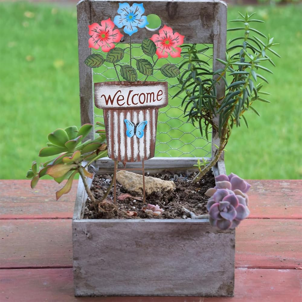 Decorative Garden Stakes, Metal Flower Pot Garden Decor, Welcome Yard Signs for Outdoor Lawn Backyard Patio Porch Pathway Decorations image number 4