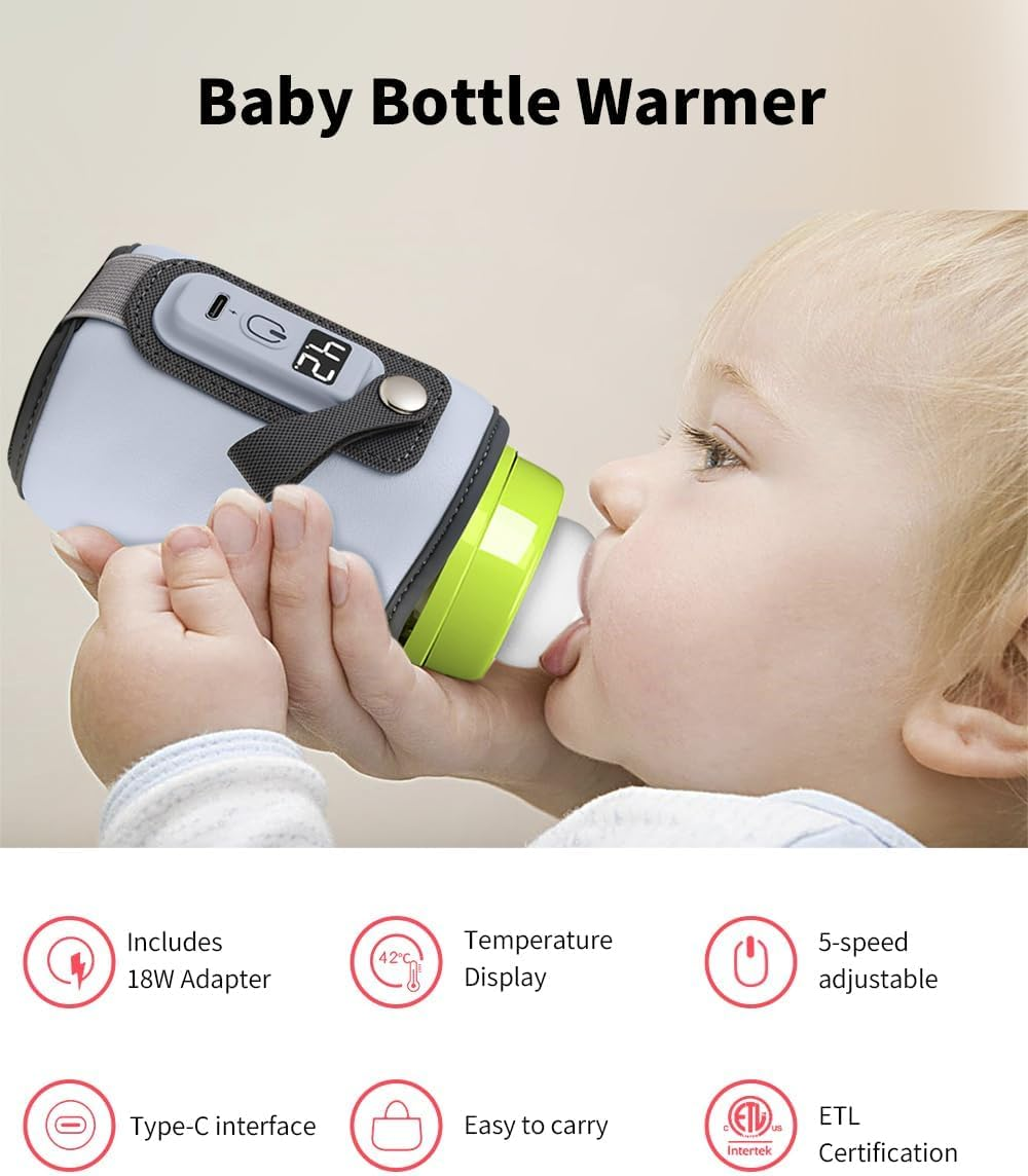 Baby Bottle Warmer, 5-Temperature Baby Milk Heating Keeper, Portable USB Bottle Warmer with LED Display for Rapid Heating & Precise Temperature Control, Suitable for Home & Travel