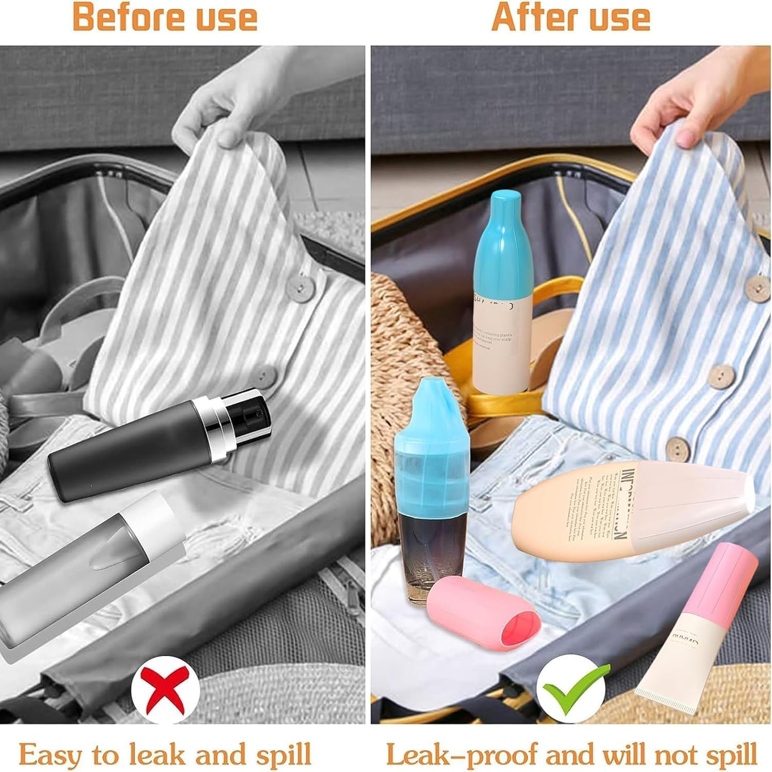 8Pack Silicone Bottle Covers,Reusable Elasticity Silicone Leak Locks for Travel Sized Toiletries Skins,Travel Bag and Carry-On Luggage