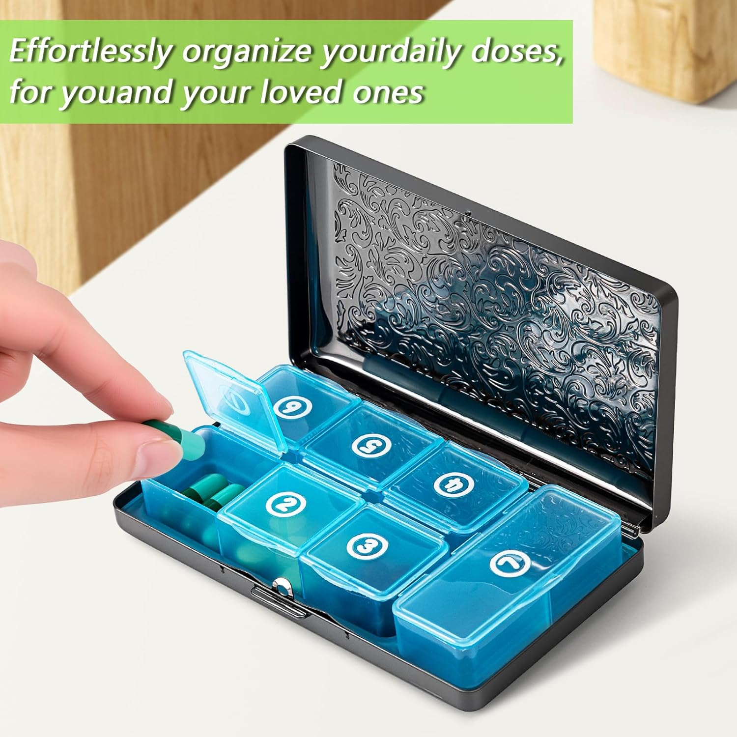 Pill Organizer, Pill Box 7 Day/Metal Travel Pill Case, BPA Free. (Pink) (Black) - Silver image number 4