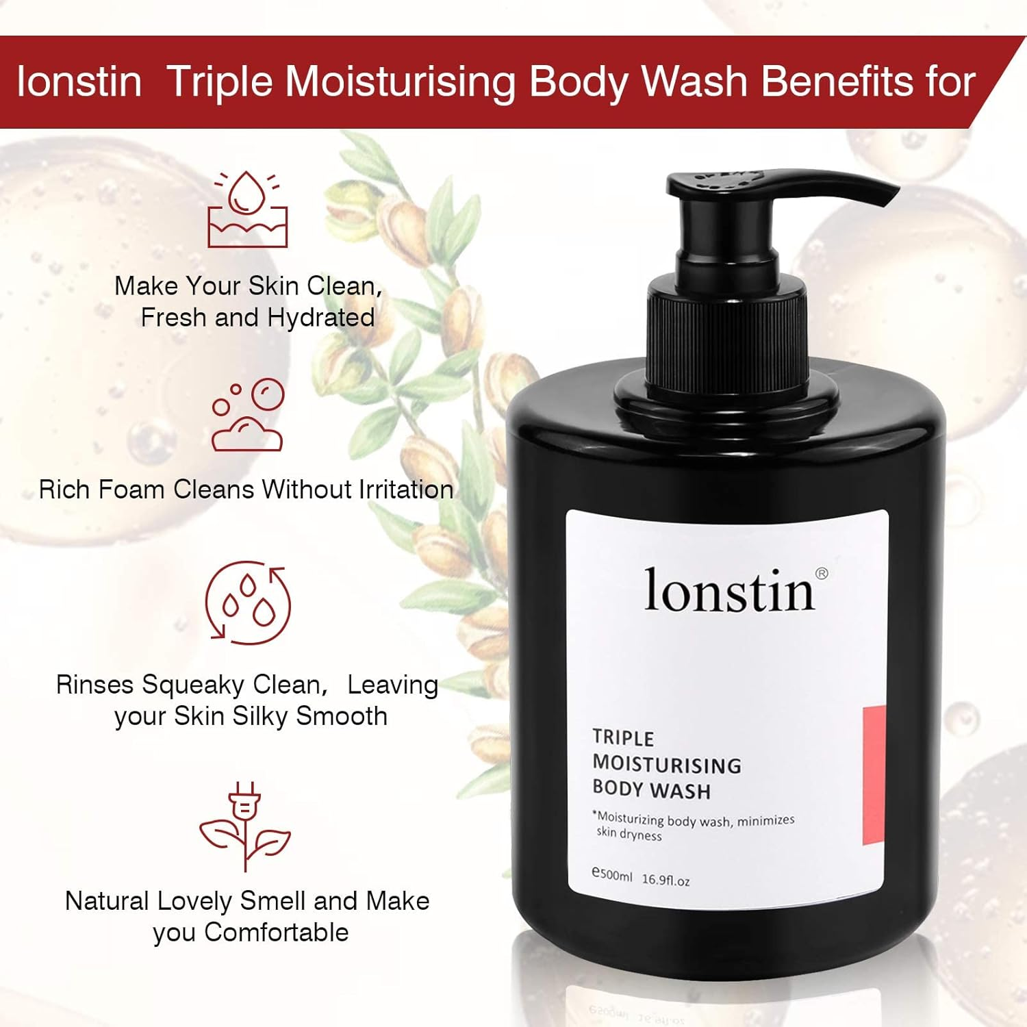 Lonstin Shower Gel Body Wash, Argan Oil Shower Gel for Instant Soft Skin and Permanent Care Triple Moisturising Shower Gel for Sensitive & Damaged Skin for Men and Women, 16.9 Fl Oz image number 1