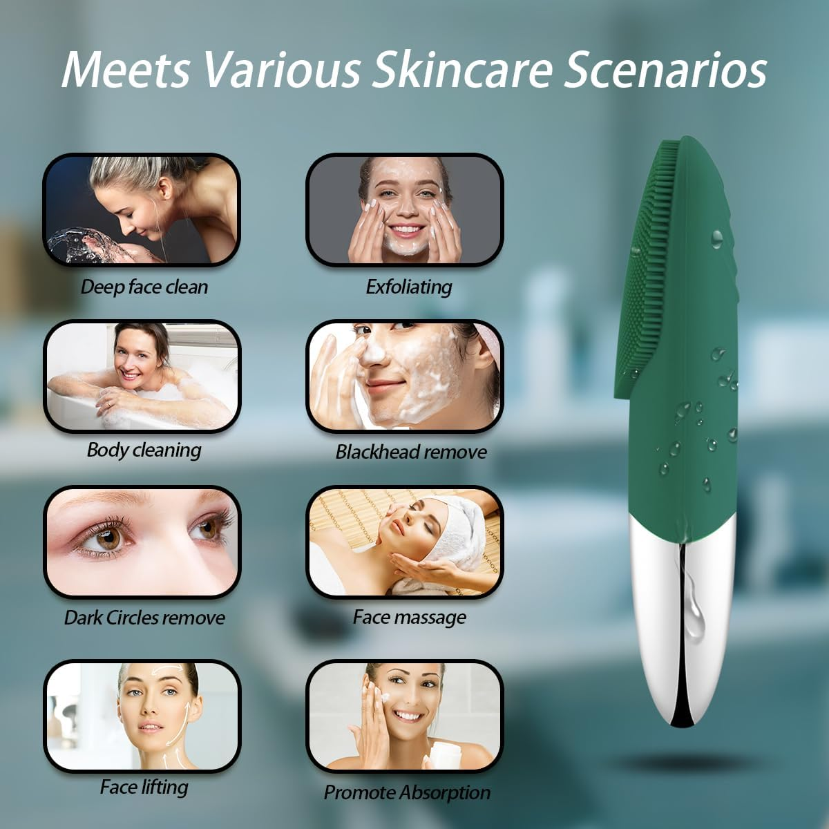 Facial Cleansing Brush, 3-In-1 Electric Silicone Face Scrubber, Vibrating Massager, IPX7 Waterproof, USB Rechargeble Pore Brush for Deep Cleanning, Blackhead Remover, Exfoliating (Green) image number 6