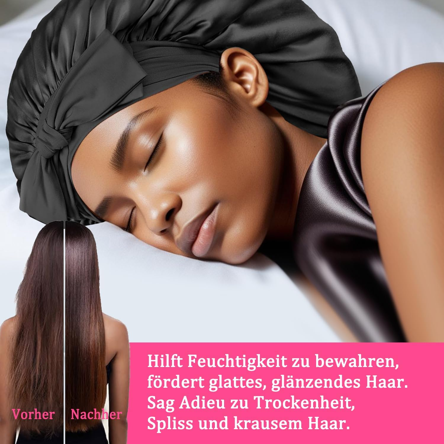 FOLAI Sleep Cap, Satin Bonnet, Silk Hood for Sleeping, Night Sleep Hat, Adjustable Sleep Cap, Headgear, Soft Headband, Sleep Cap, Silk with Elastic Band for Women and Girls (Black), Black, 58 image number 5