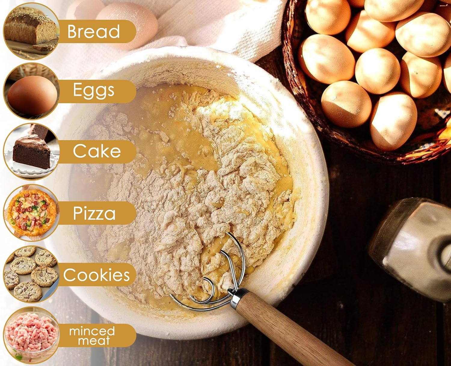 DS. DISTINCTIVE STYLE Danish Dough Whisk 13 Inch 304 Stainless Steel Sourdough Bread Whisk Wooden Handle Bread Whisking Tool, Dough Mixer for Baking Bread, Eggs and Peanut Butter image number 4