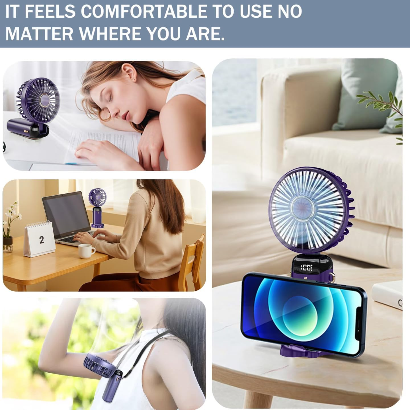 LXSMPWY Handheld Fan with Digital Display - 5 Speed Foldable USB Desk Fan, 1200Mah (8Hrs on Low), 90&deg; Adjustable, 200G Ultra Light, Portable Fan for Office Travel Camping Outdoor - Purple - Purple image number 5