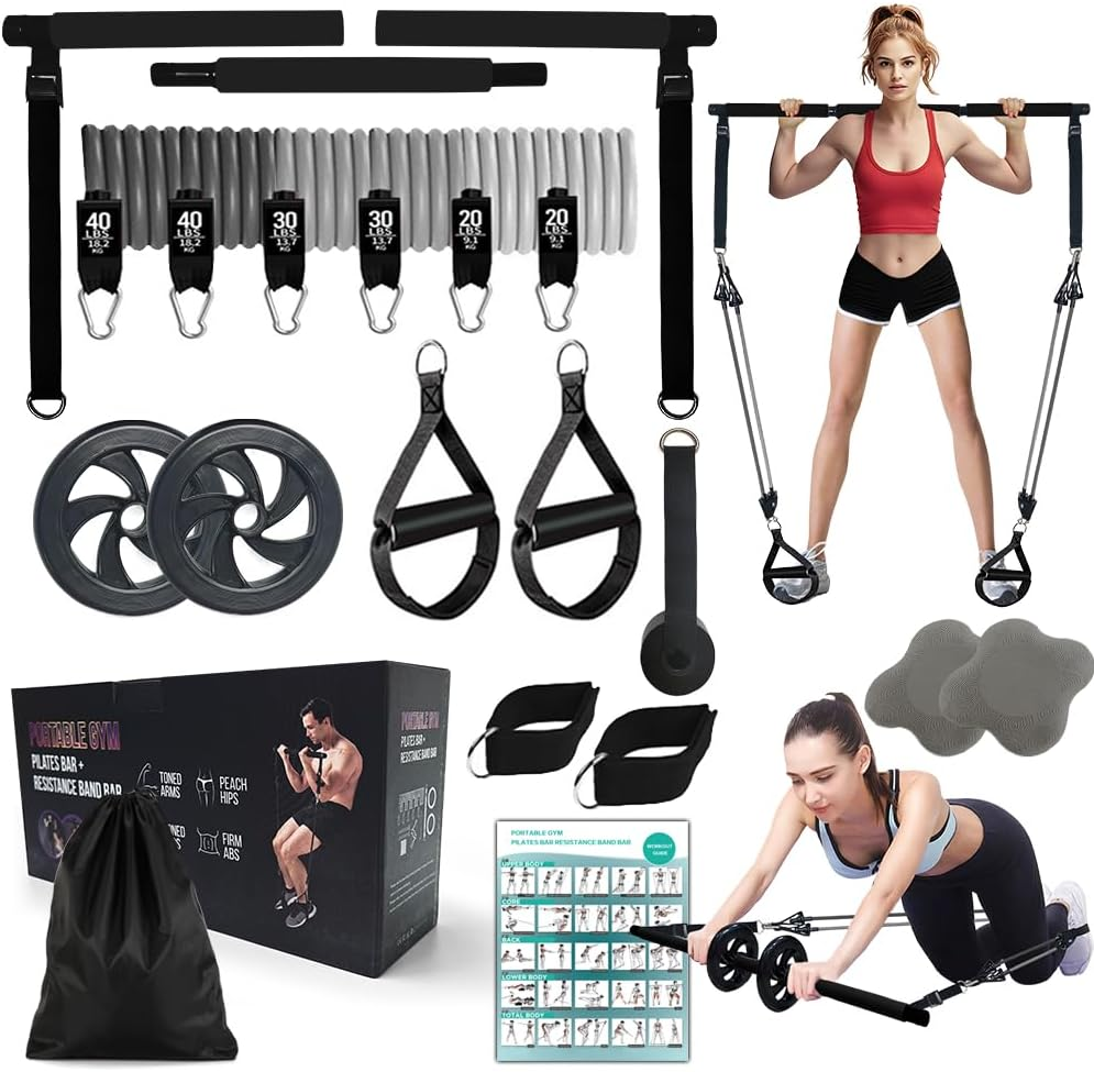 Pilates Bar Kit with 180LBS Resistance Bands(20,30,40 LB),21PCS Pilates Equipment Exercise Bar with Ab Roller, Portable Home Gym Fitness Pilates Bar for Women & Men