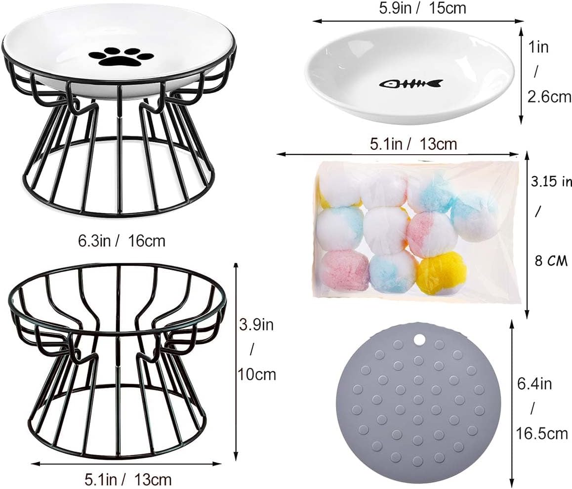 2-Piece Cat Bowls Black Raised Pet Bowl Prevent Neck Pain Feeding Wide Cat Bowl anti Vomiting Cat Feeding Plates with Non-Slip Mat and Cat Toy B image number 2