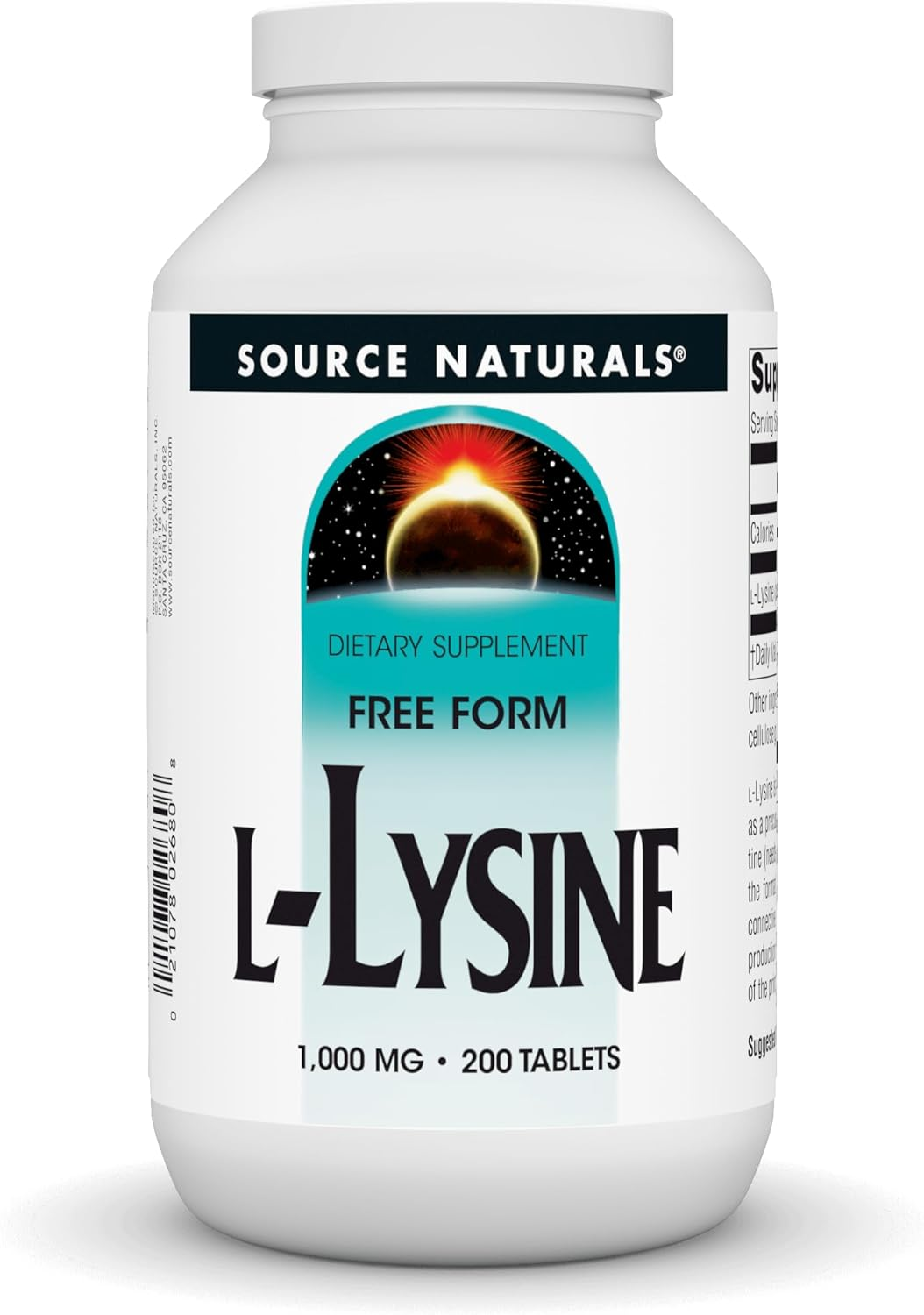 Source Naturals L-Lysine 1000 Mg Free Form -Amino Acid Supplement Supports Energy Formation & Collagen - 200 Tablets