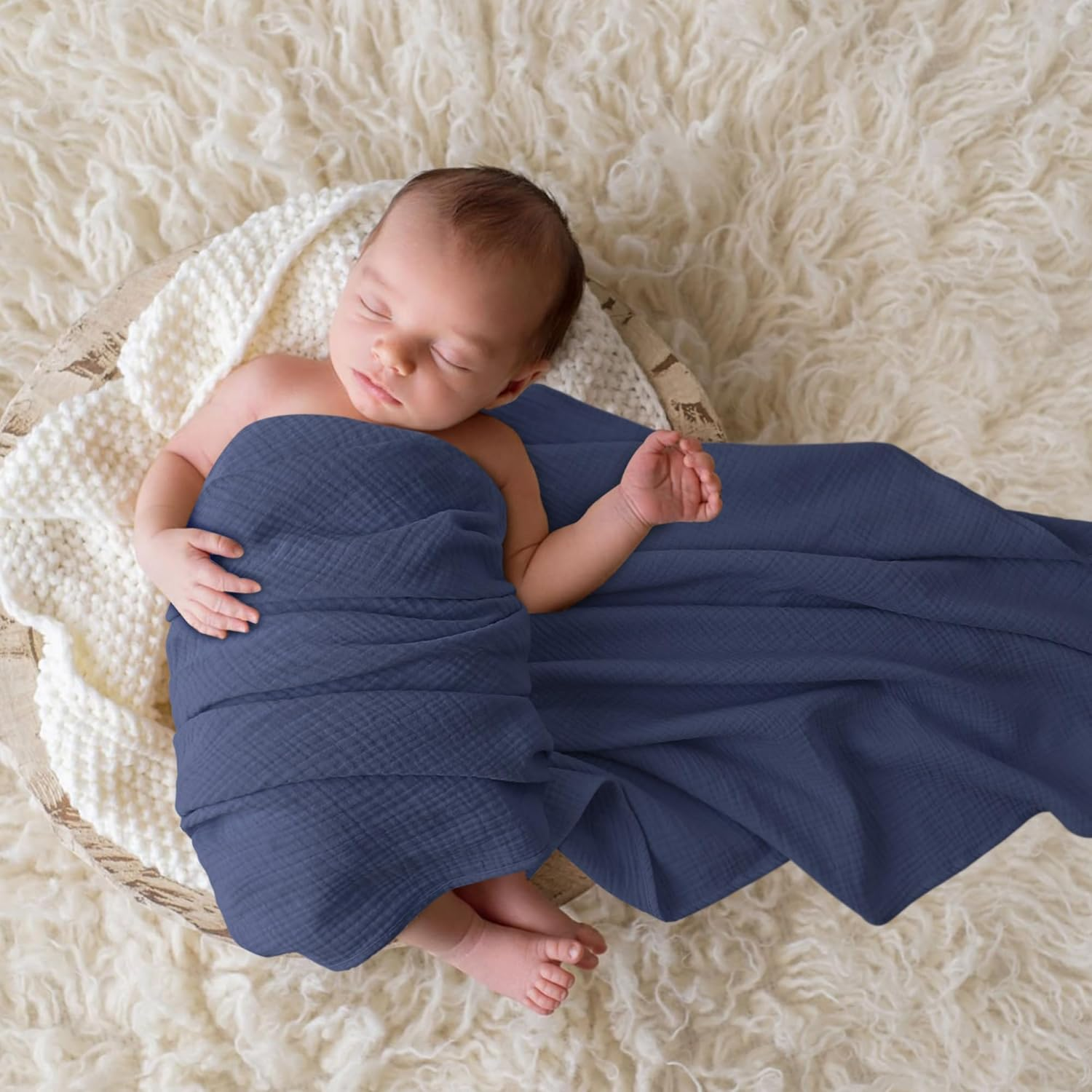 Bearmoss Muslin Swaddle Blankets 3 Pack Cotton Newborn Receiving Blanket, Large 38 X 40 Inches, Soft Breathable Baby Swaddles for Boys & Girls (Blue Moon) - Cute Clouds image number 6