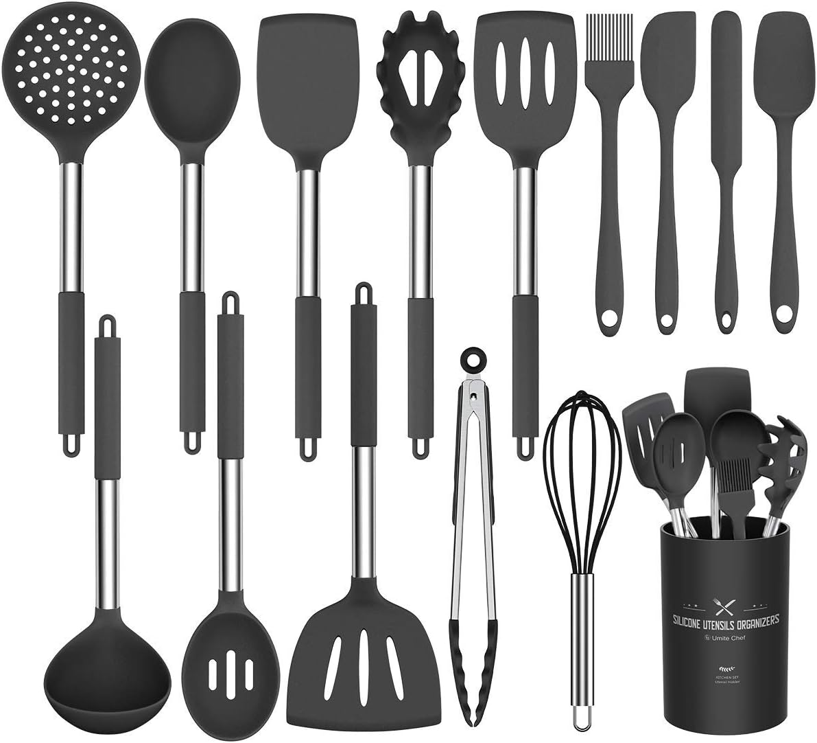 15 Pcs Silicone Cooking Utensils Kitchen Utensil Set - Umite Chef 446&deg;F Heat Resistant Stainless Steel Handles Kitchen Gadgets Tools Set for Nonstick Cookware(Blue)