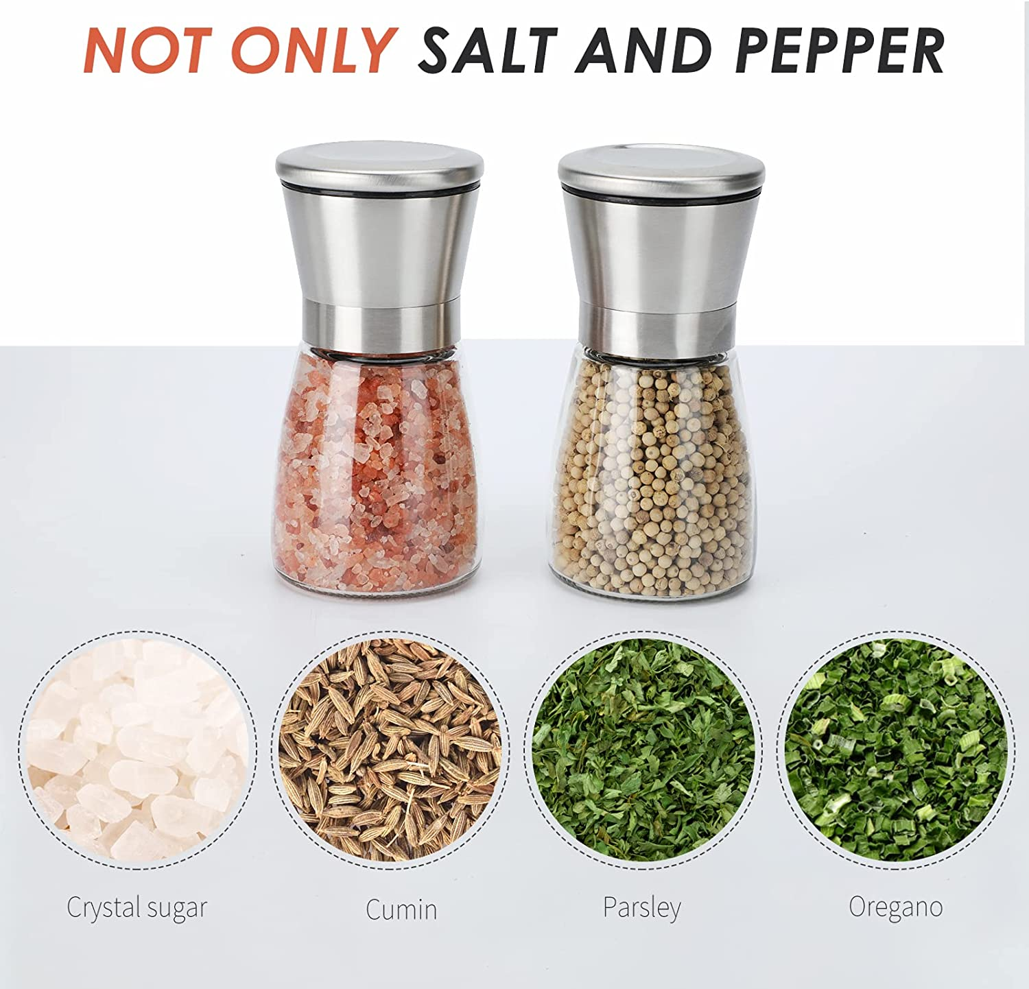 Salt and Pepper Grinder Set - Refillable Grinder Adjustable Coarseness of Pepper Salt Spice Stainless Steel Mills Glass 6Oz（2 Pack） - Silver1 image number 7