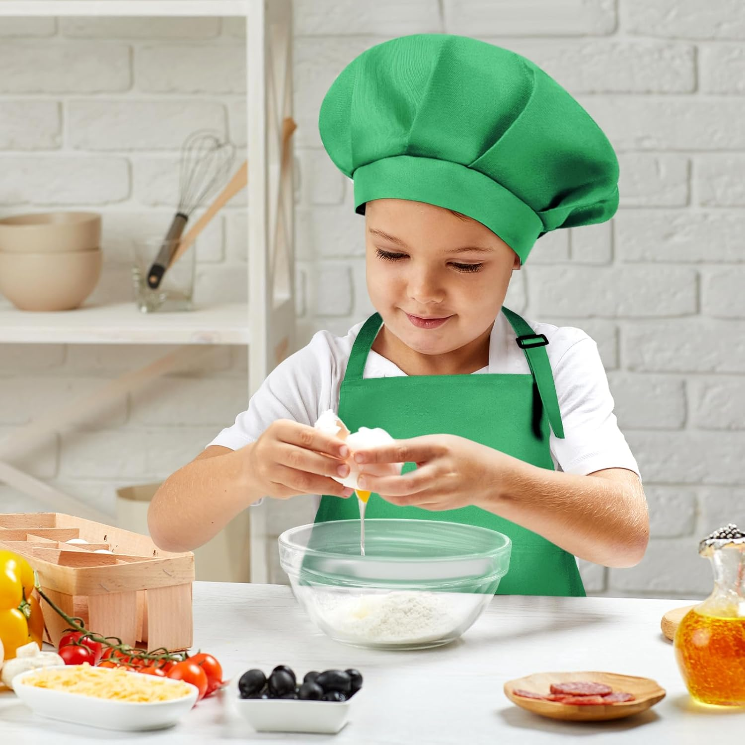 Kids Apron and Chef Hat Set Adjustable Chef Art Apron with 2 Pockets Toddler Chef Hat and Apron for Cooking Painting, M-Green, Small image number 6