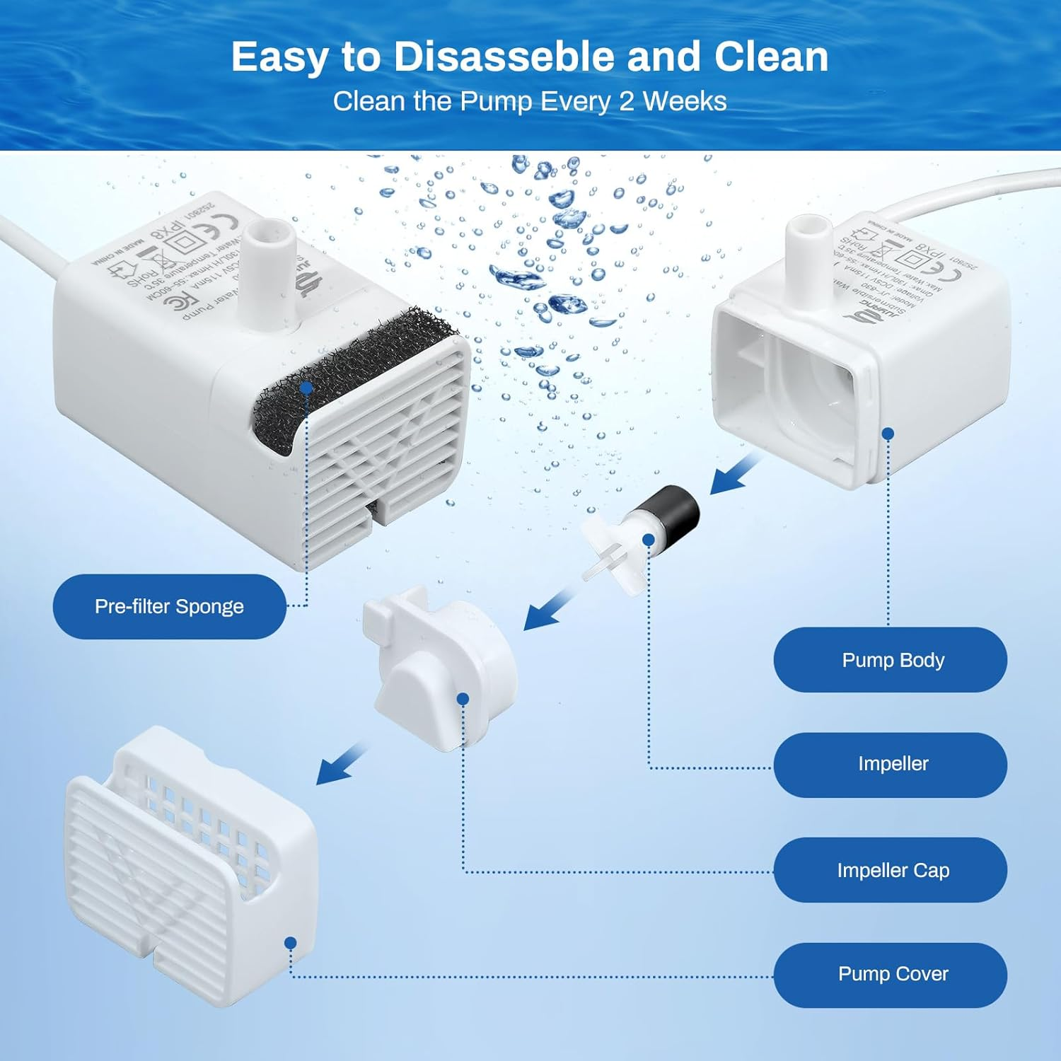 Cat Water Fountain Pump, Replacement Pump for 2L/68OZ Stainless Steel Pet Water Fountain, Pet Fountain Pump for Adjustable Water Flow Water Dispenser, Ultra Quiet Cat Dog Drinking Fountain Pump image number 3