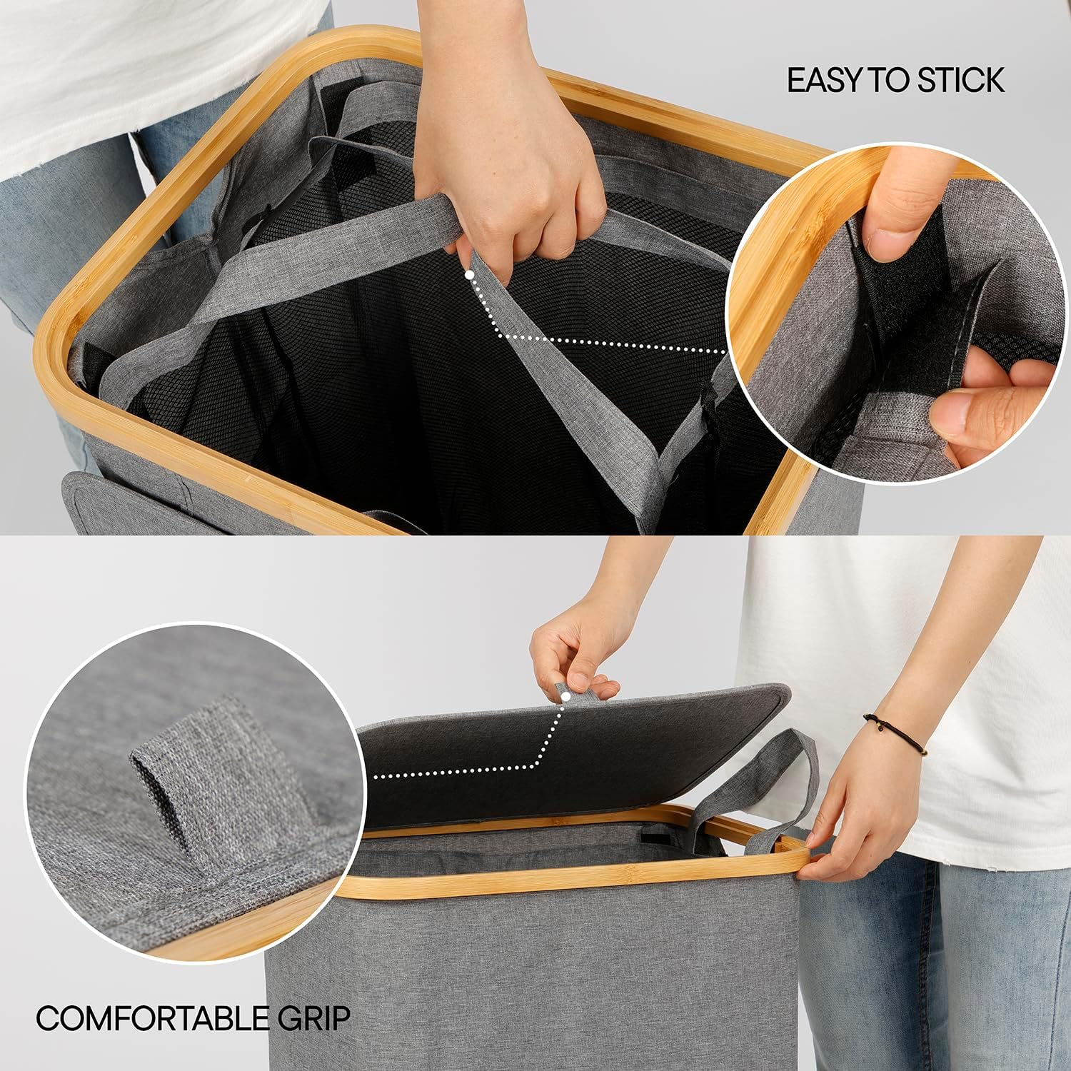 OKAM 100L Laundry Basket with Lid &ndash; Large Collapsible Clothes Hamper with Removable Inner Bag & Bamboo Frame &ndash; Waterproof Laundry Organizer for Bedroom, Bathroom & Laundry Room image number 3