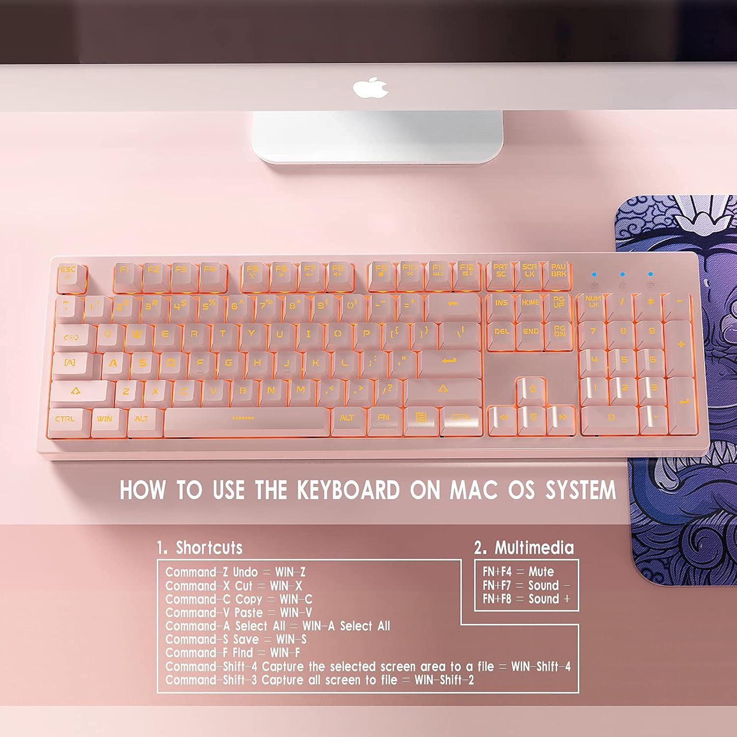 Basaltech Pink Keyboard with 7-Color LED Backlit, 104 Keys Quiet Silent Light up Keyboard, 19-Key Anti-Ghosting Cheap Gaming Keyboard Mechanical Feeling Waterproof Wired USB for Computer, Mac, Laptop