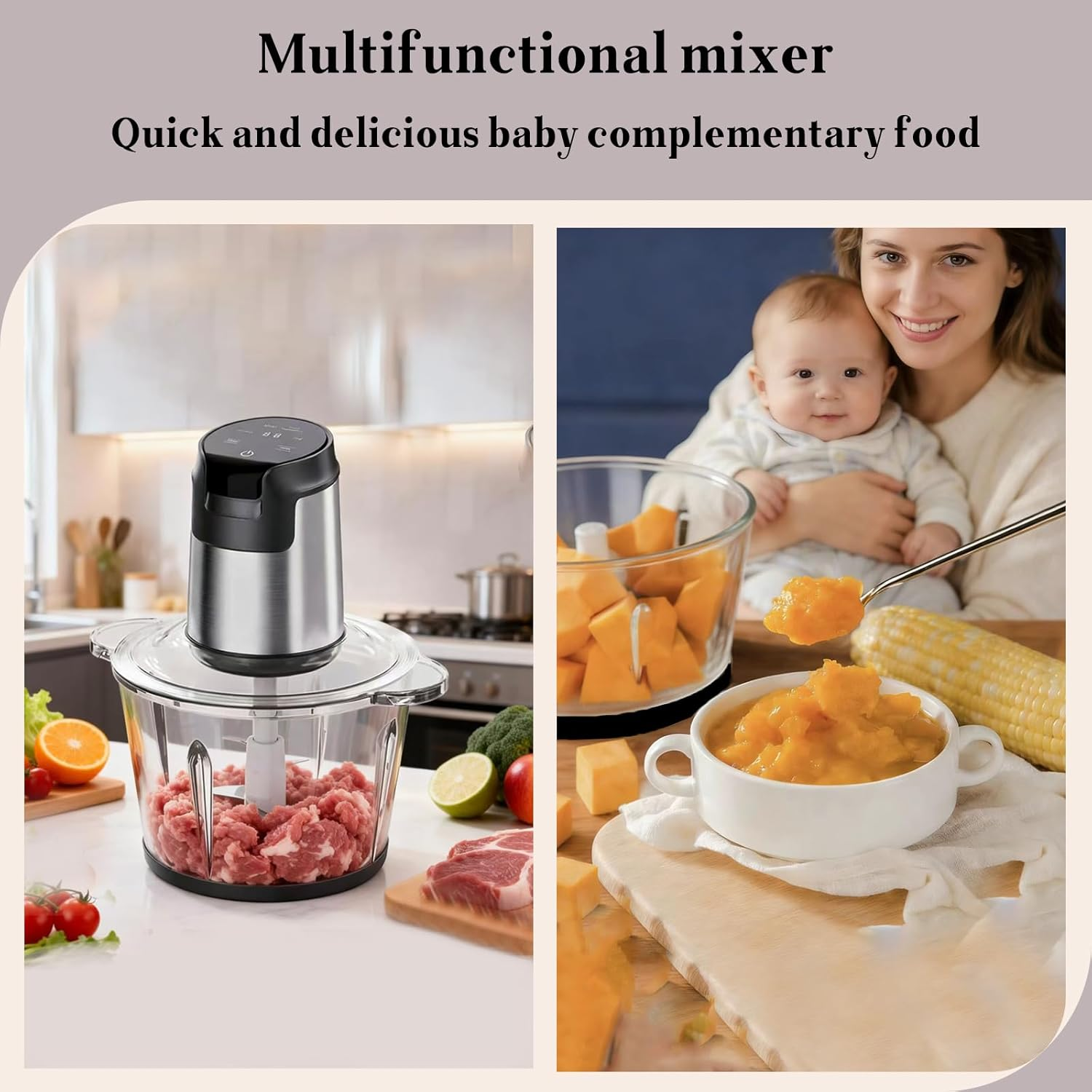 Electric Food Chopper, Touch Control 4 Mixing Modes, Glass Food Processor, 2/3L Capacity, Meat Grinder with Timer & Safety Lock, 500W Power, 4-Blade Stainless Steel Blade, Mixer/Chopper (2L) image number 2