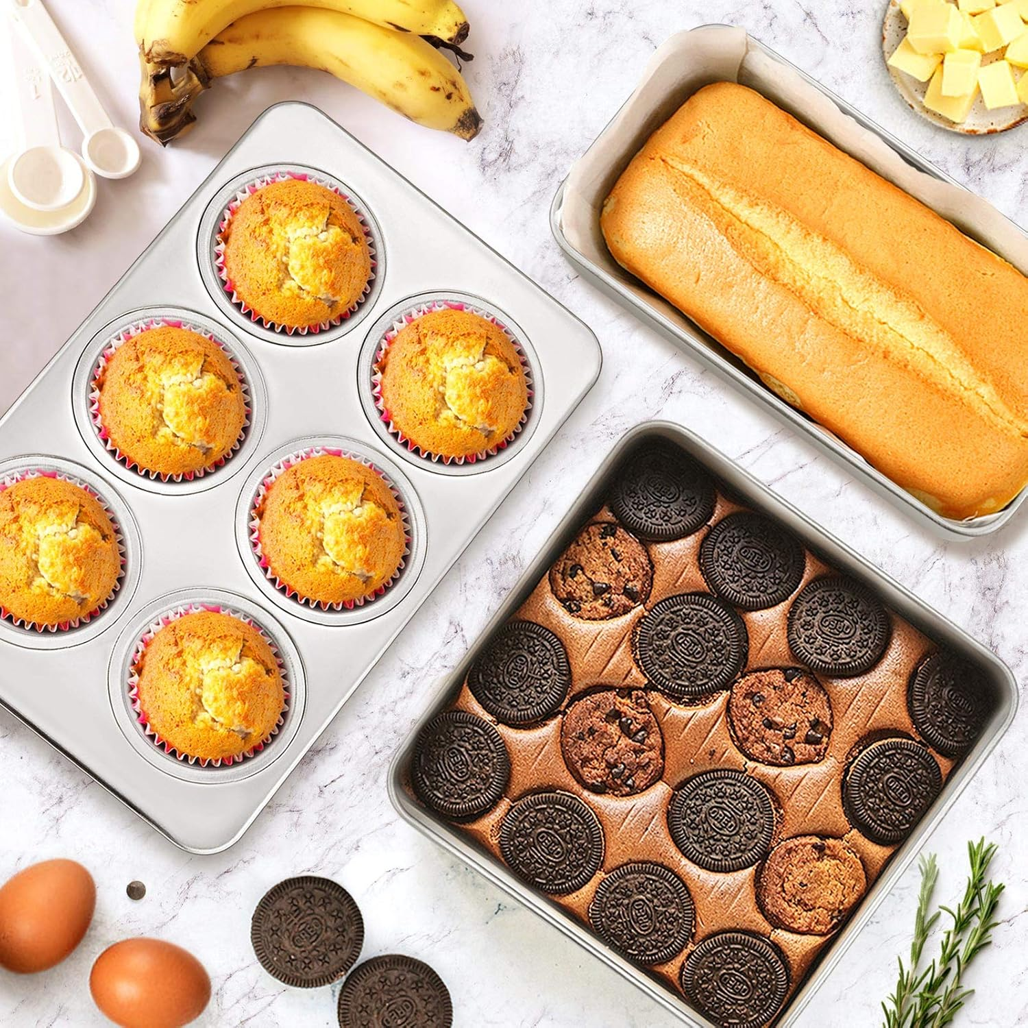 E-Far Stainless Steel Baking Pan Set, 9-Piece Bakeware Sets for Cake Cookie Loaf Muffin, Include Round, Square, Rectangle Baking Sheet Pan with Lid & Cooling Rack, Dishwasher Safe image number 4