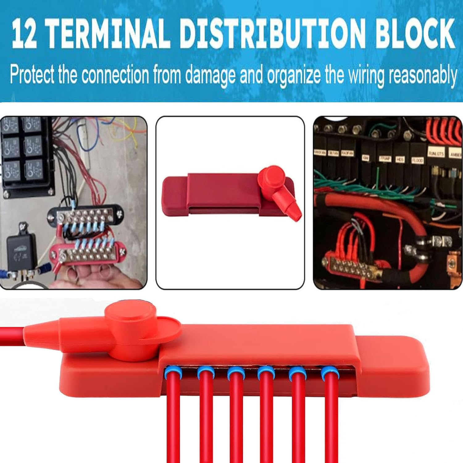 Power Distribution Block 12V 150A 1/4" Stud Marine Bus Bar 12 Volt DC Battery Busbar for Boat Au Tomotive Solar Wiring (Black+Red) image number 6