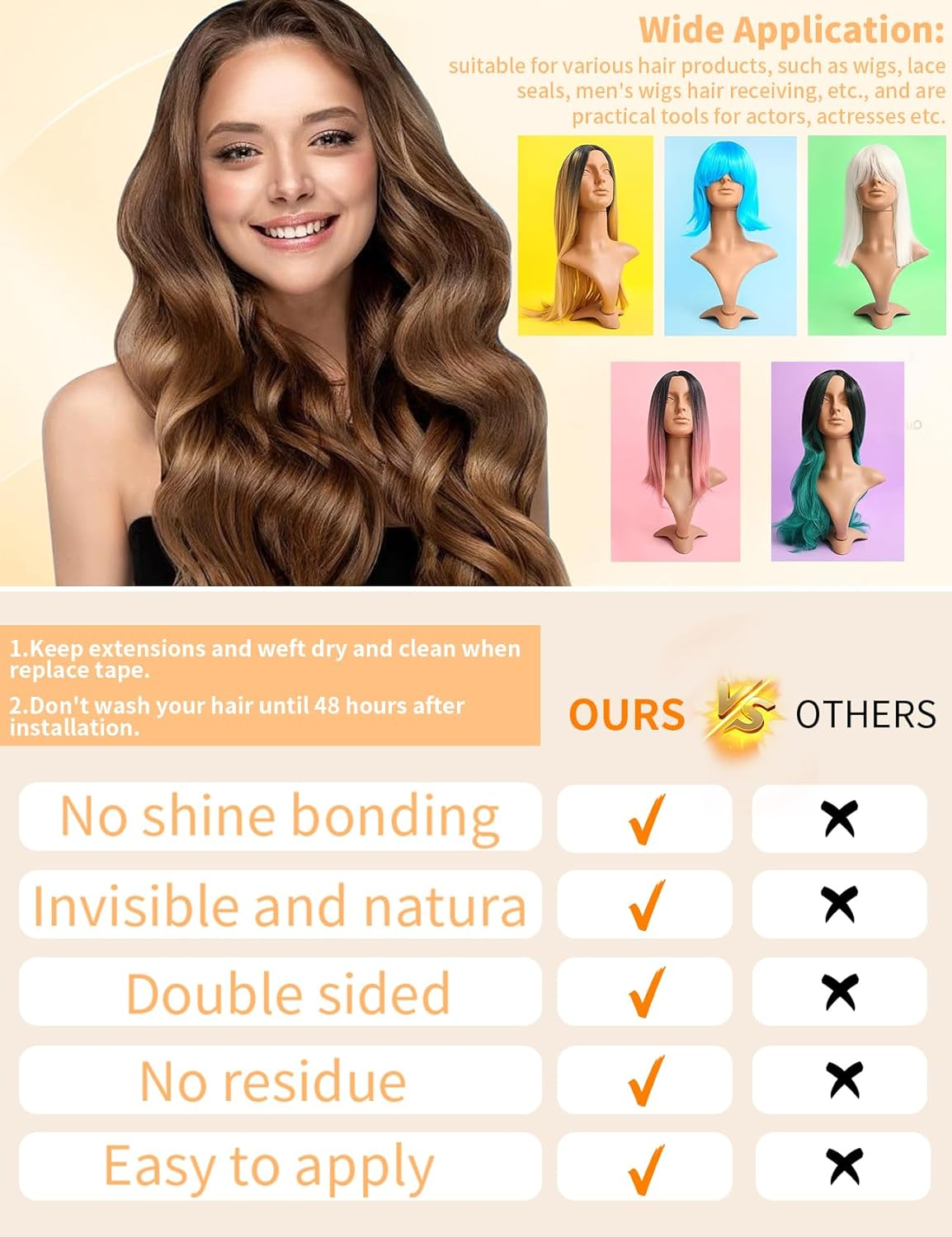 120PCS Double Sided Hair Extension Tape, Tabs for Replacement Wigs Supplies, Waterproof Strips for Toupee/Lace Wigs Film Adhesive No Shine Bonding image number 1