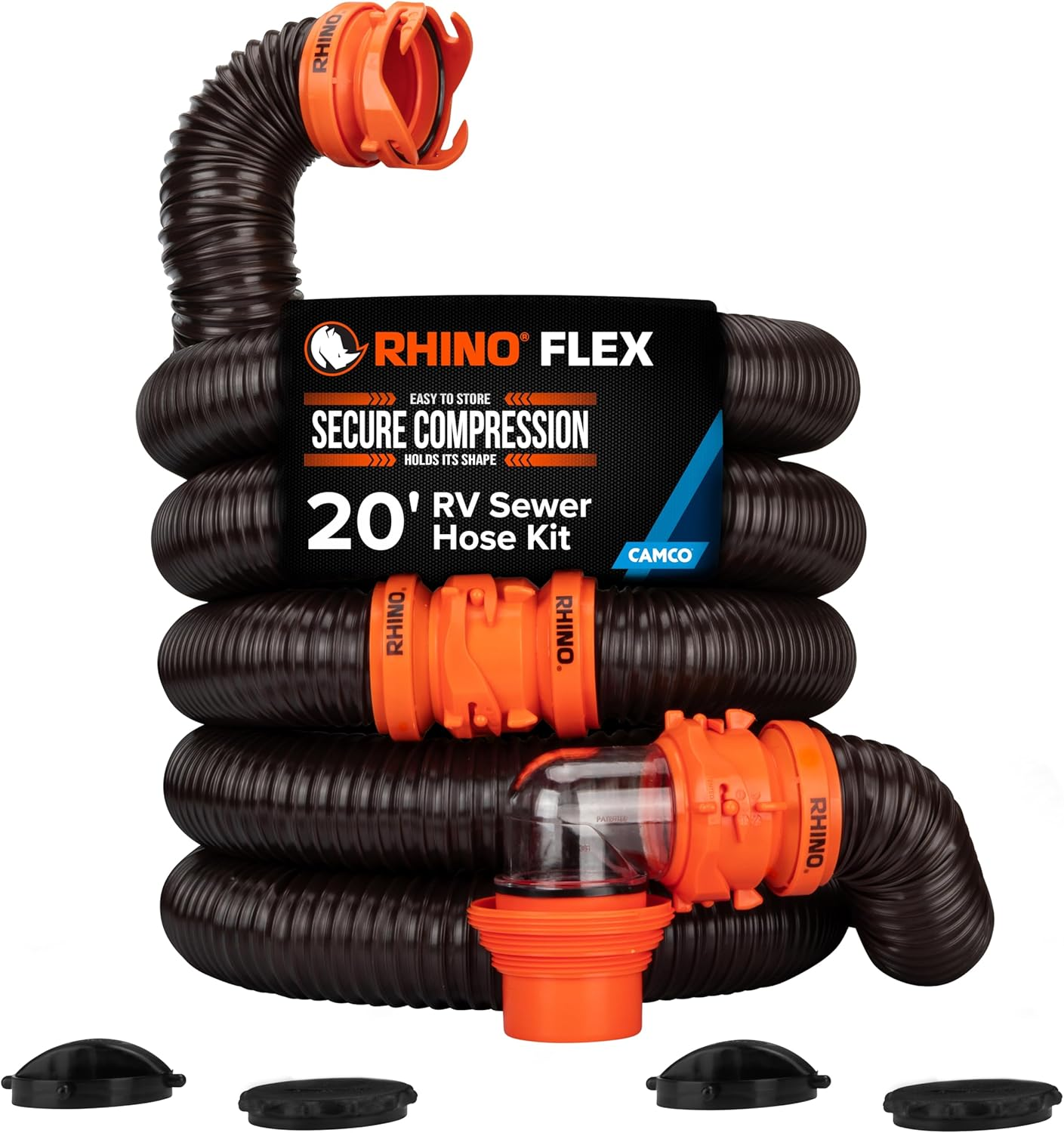 Camco Rhinoflex 20-Foot RV Sewer Hose Kit | Features Pre-Attached Bayonet Fittings, a Clear Elbow with 4-In-1 Adapter, and Is Ideal for Rvs, Campers, Travel Trailers, Boats, and More (39742) image number 2