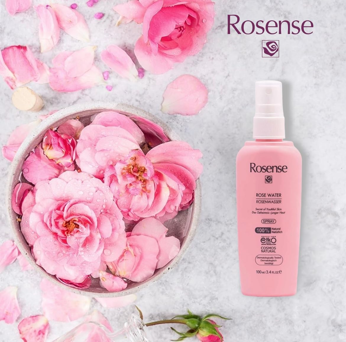 Rosense Pure Rose Water Spray, Moisturizing, Skin Balancing, Fragrance/Alcohol Free Facial Toner/Mist, Peta Approved, Natural & Vegan Certified, from Steam Distillation of Fresh Rose Petals image number 2