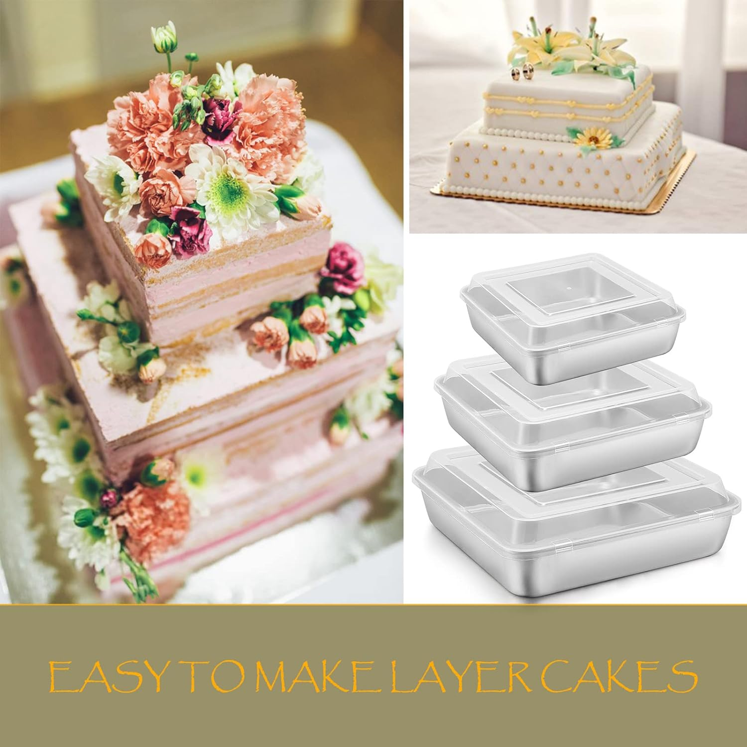 E-Far 6/8/9-Inch Square Cake Pan with Lid Set, Square Baking Brownie Pans Stainless Steel Bakeware Set of 3, Non-Toxic & Healthy, Easy Clean & Dishwasher Safe - 6 Pieces(3 Pans + 3 Covers) image number 3