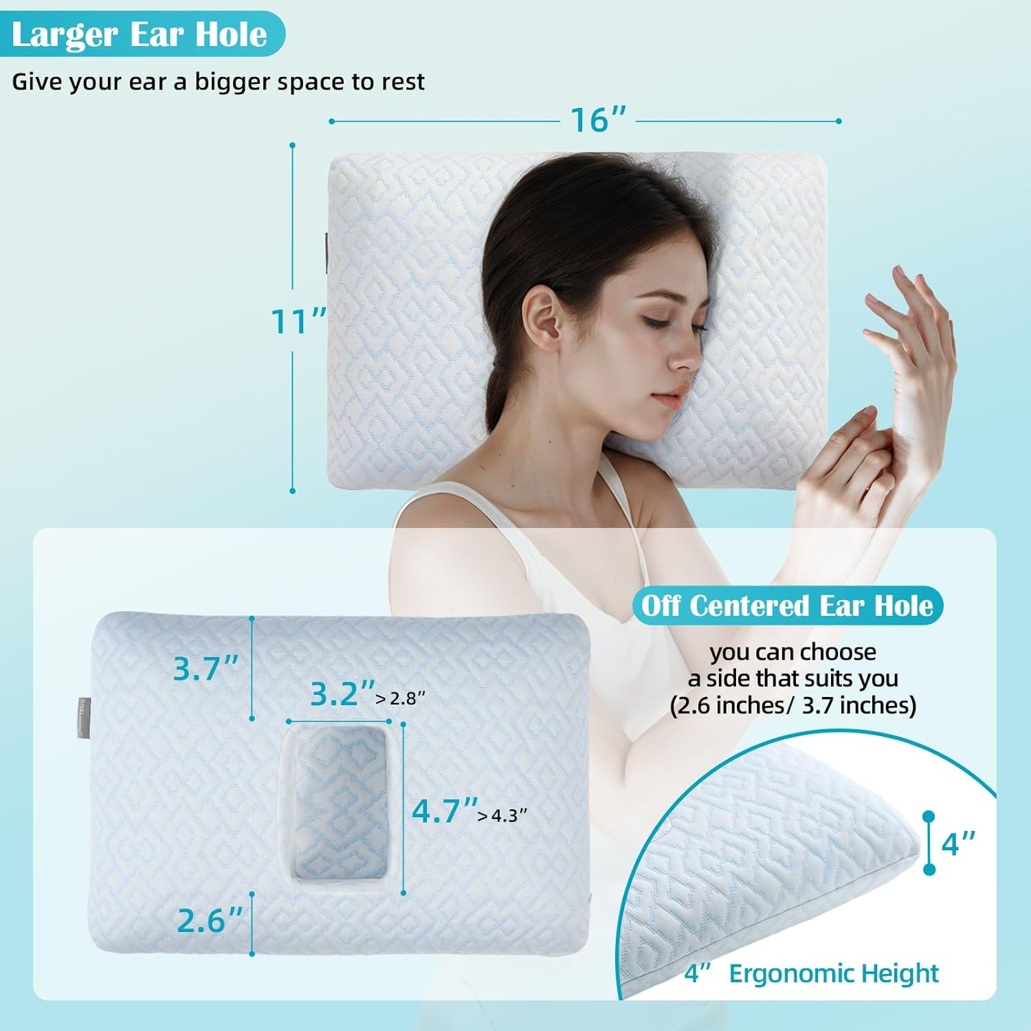 Uslixury Ear Piercing Pillow - Extra Foam Plug, Larger Off-Centered Hole, Soft Certipur-Us Memory Foam for Side Sleepers, Cool Pillowcase image number 2