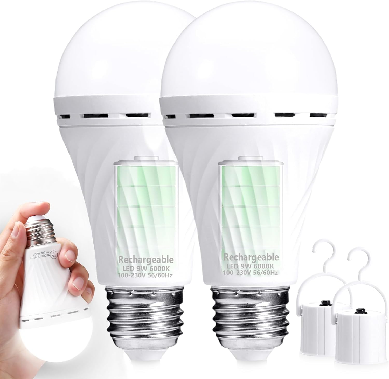 Danyee Emergency Rechargeable Light Bulb 2400Mah 9W 6000K 60W Equivalent LED Light Bulbs (Wihte 2Pack) image number 1