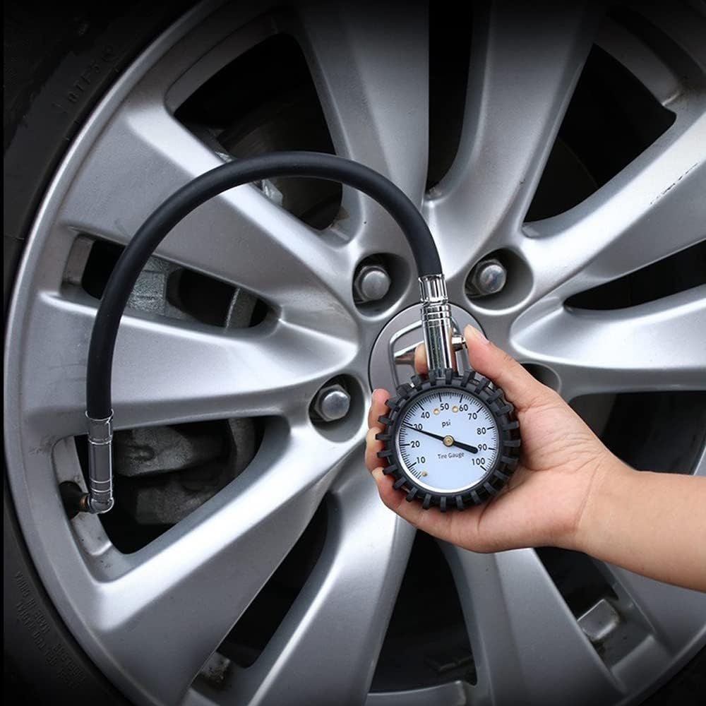 Tyre Pressur Gauge 2" Dial 360 Degree Rotation Heavy Duty Car & Motorbike with Chucks -100 PSI, Compact Size Light Weight Discharge Valve Silver Colour image number 6