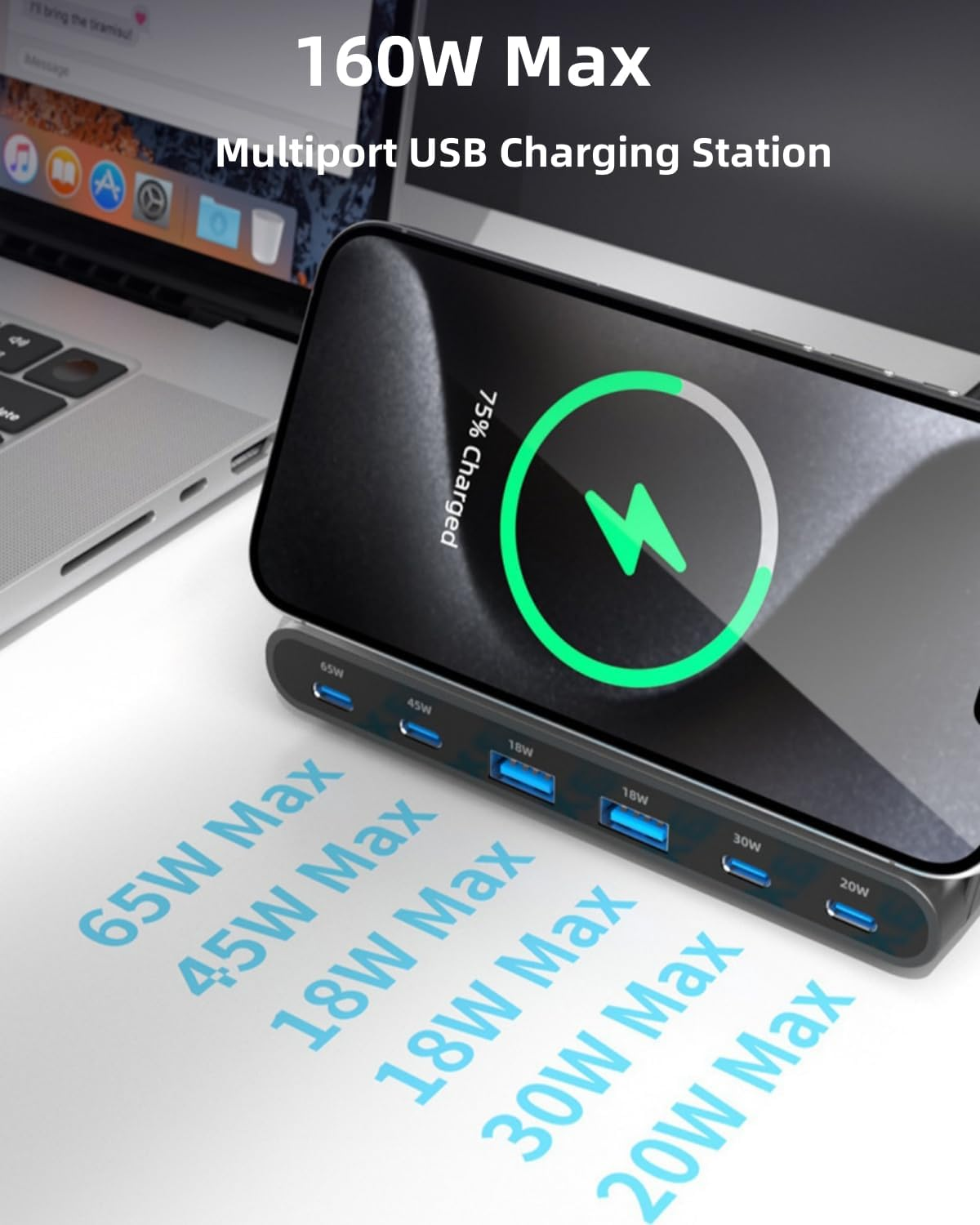 FOSION USB C Charger 160W 6 Port Desktop Wireless Charger Stand，Multiport USB C Charge Station with PD QC 3.0 Fast Charging and 15W Wireless Charging for Macbook，Laptop,Iphone 15,Galaxy S24 image number 5