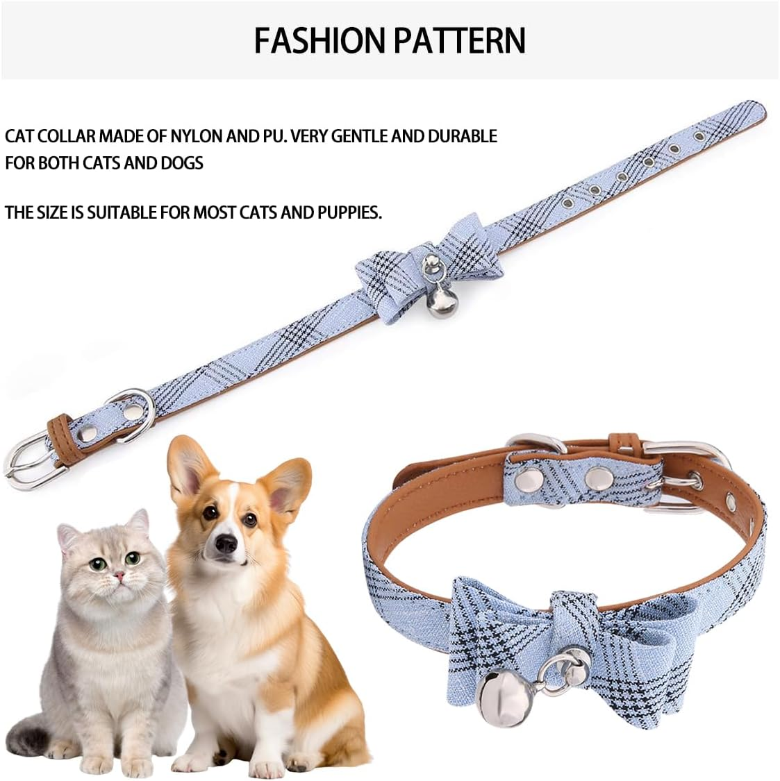 Cat Collar Breakaway Stylish Plaid Kitten Collar with Decorative Bow Tie and Bell for Pet (Neck 22-23Cm, Blue) image number 1