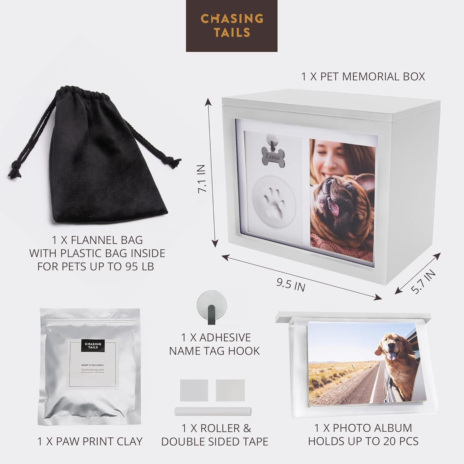 Chasing Tails Premium White Pet Urn - Large Memorial Dog Ashes for Keepsake, Urns for Dogs or Cats, Pet Urns for Memorial - with Paw Print and Photo Album - White image number 5