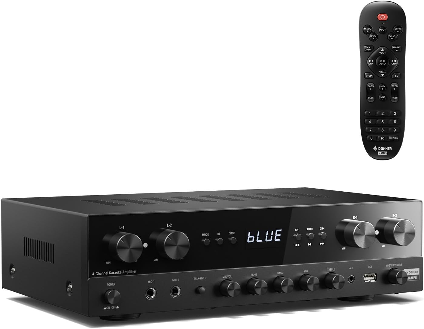 Donner Stereo Receivers Home Audio Amplifier, Premium 1000W Max Power 4 Channel Amplifier with Bluetooth 5.0, USB, FM, 2 Mic-In, Echo, RCA, Fiber/Coaxial Input for Home, Karaoke, Theater Speakers image number 2