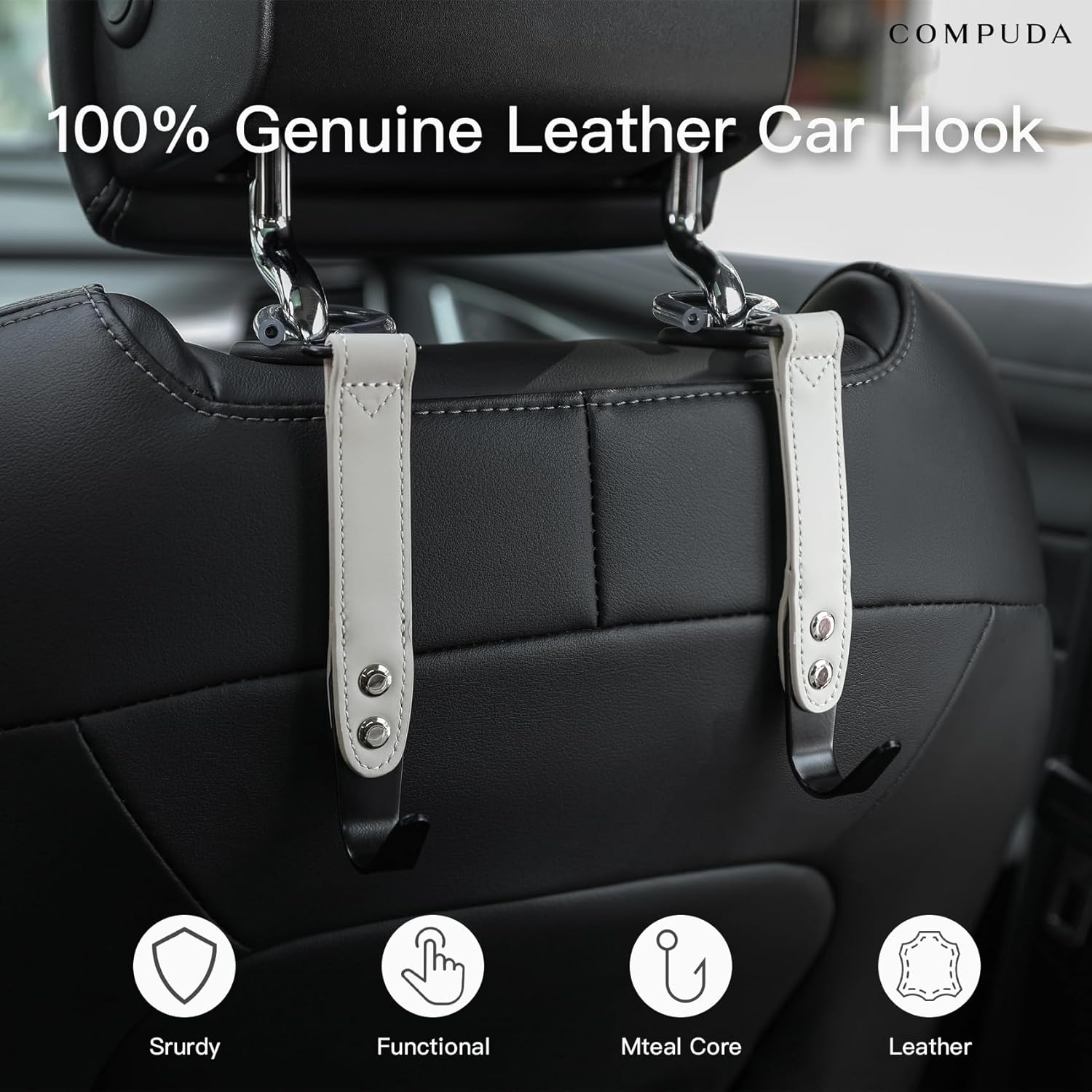 Purse Hook Holder for Car - 2 Pack Genuine Leather Car Back Seat Handbag Hidden Hanger Headrest Hooks for Purses and Bags (Grey) - Blue image number 2