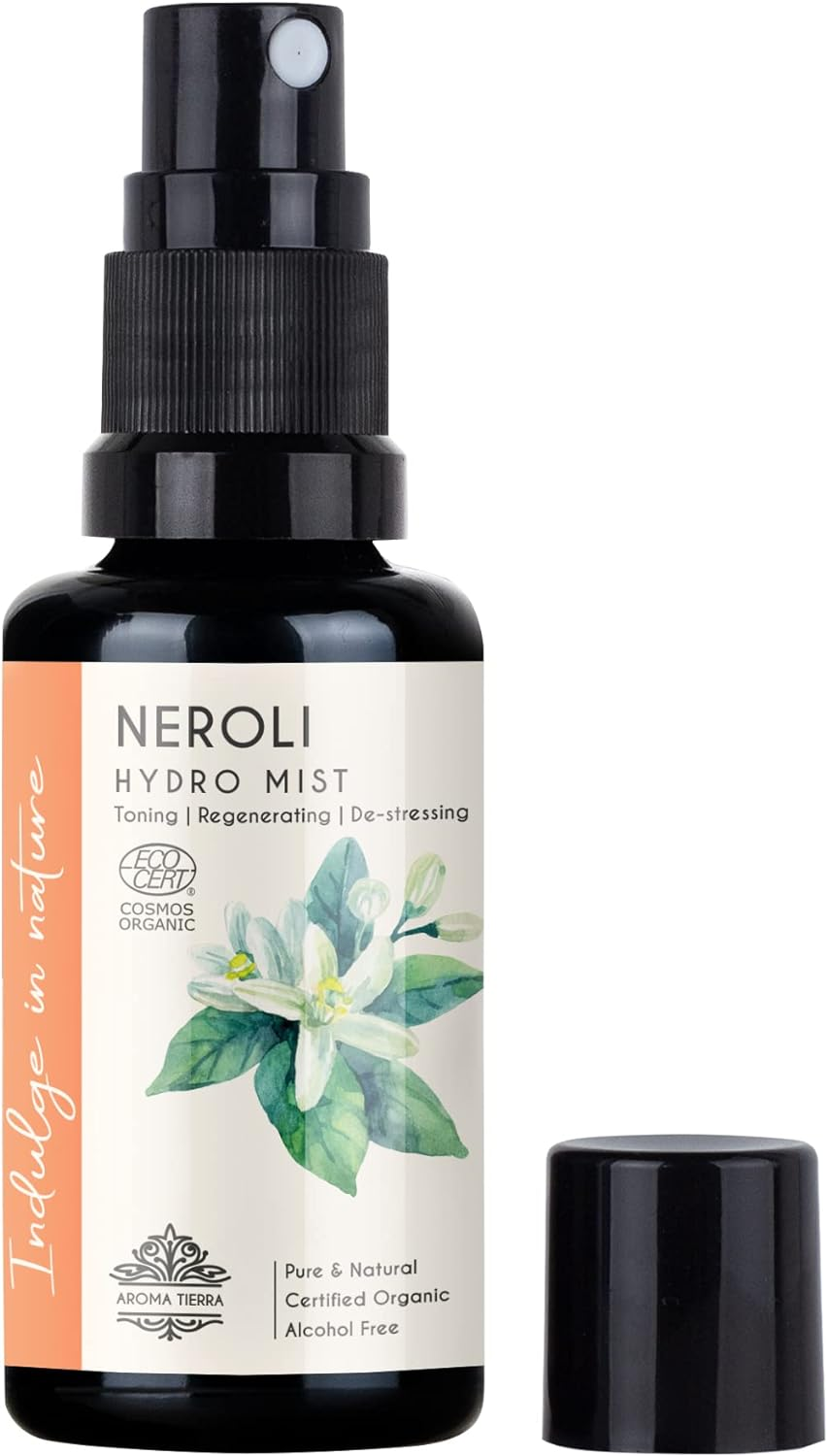 Aroma Tierra Organic Neroli Hydrosol Mist Spray (Neroli Water, Orange Blossom) - for Face, Skin, Facial Toner, Stress, Anxiety & Sleep - 100% Pure, No Alcohol - 30Ml