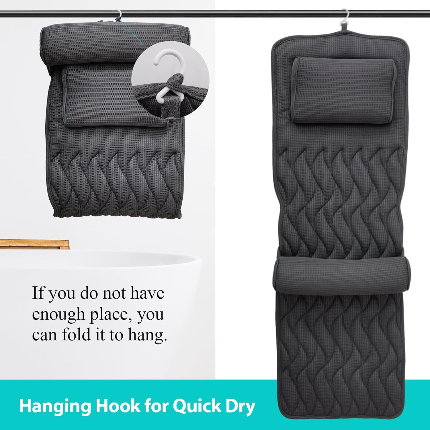 Full Body Bath Pillow with Adjustable Lumbar Roll Pillow Bathtub Cushion with 14 Suction Cups 3D Air Mesh Fit Any Tub Gray Bathroom Accessories image number 3