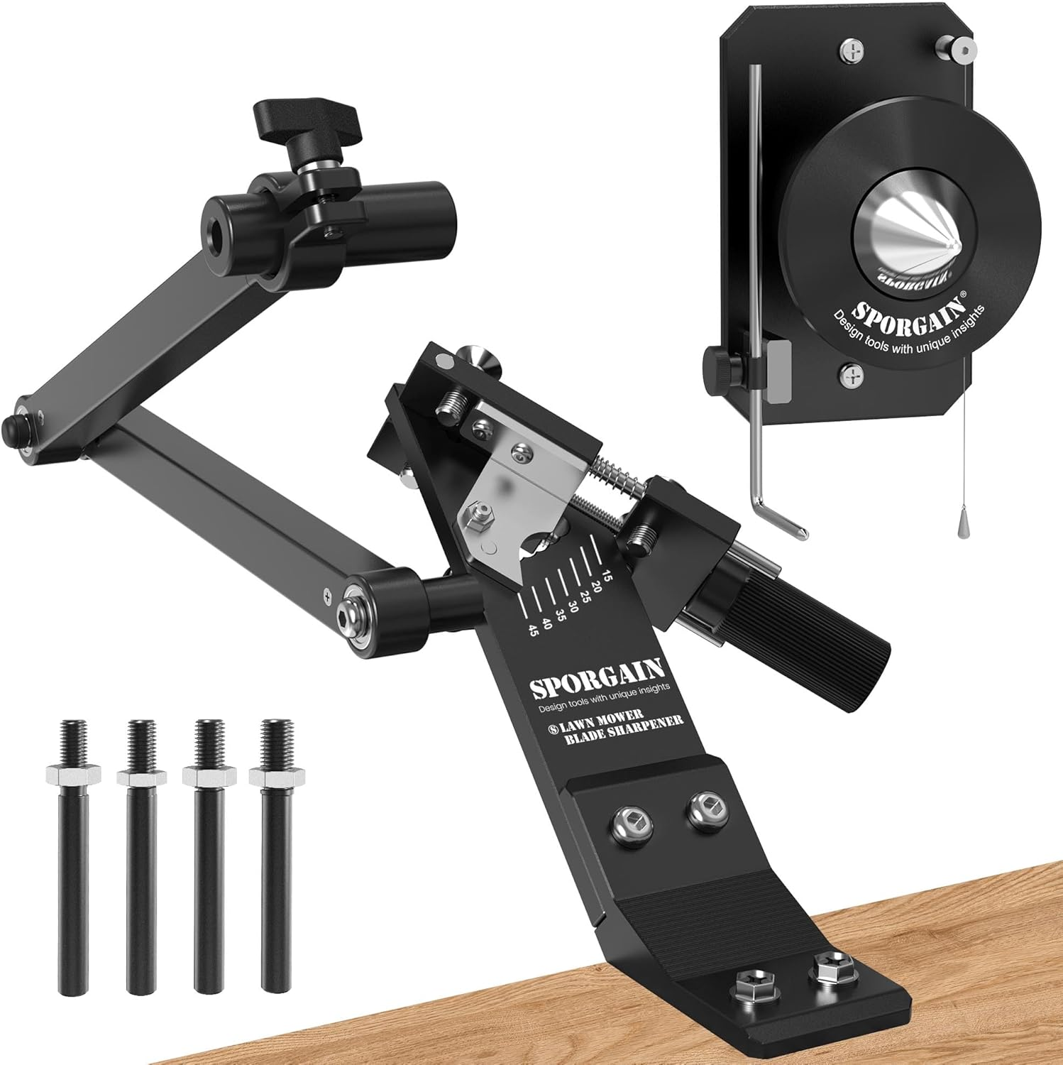 Lawn Mower Blade Sharpener & Lawn Mower Blade Balancer, 15&deg;-45&deg; Adjustable Mower Blade Sharpener and High Precision Magnetic Mower Blade Balancer for Many Types of Mower Blade, Black