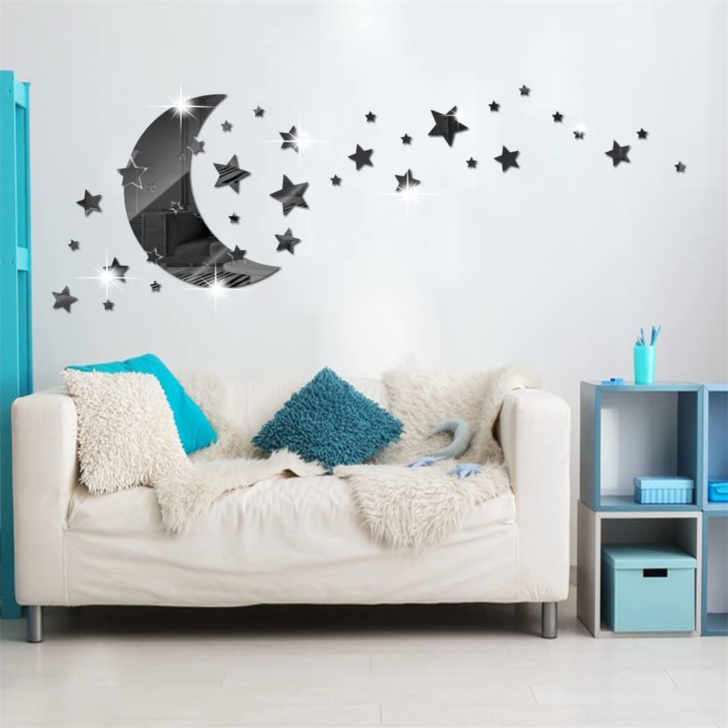 Moon and Stars Mirror Wall Stickers, Removable Acrylic Crescent and 146 PCS Stars Decals, 3D Art Wall Decoration for Baby Kid Bedroom Living Room Ceiling (Blue)