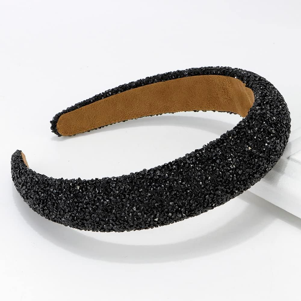 Black Rhinestone Padded Sequin Diamond Glitter Sparkle Jeweled Bling Headbands for Women'S Hair - Black image number 4