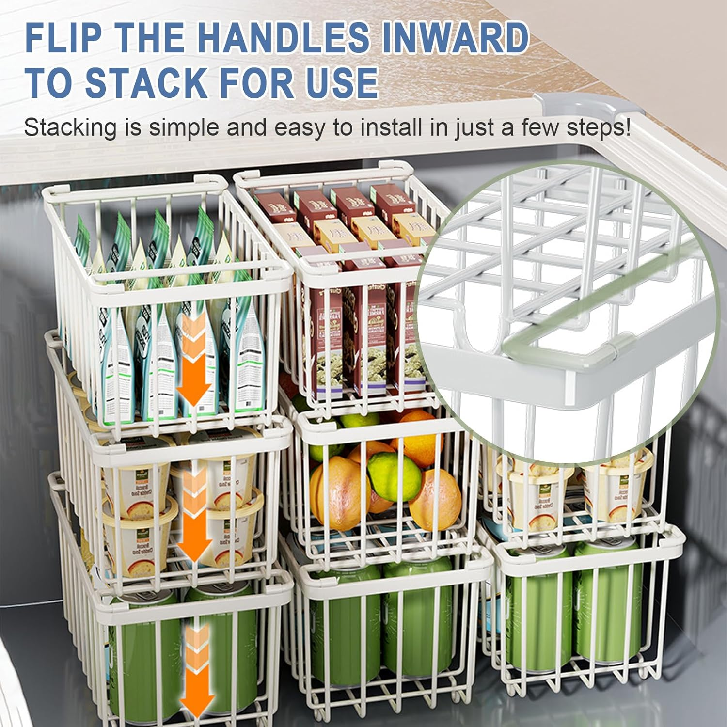 Freezer Organizer Bins, 6 Pack Stackable Deep Chest Freezer Organizer Bins with Folding Handles, Metal Freezer Storage Baskets, Ft Deep Freezer Storage, Increased Space for Food Storage (White)