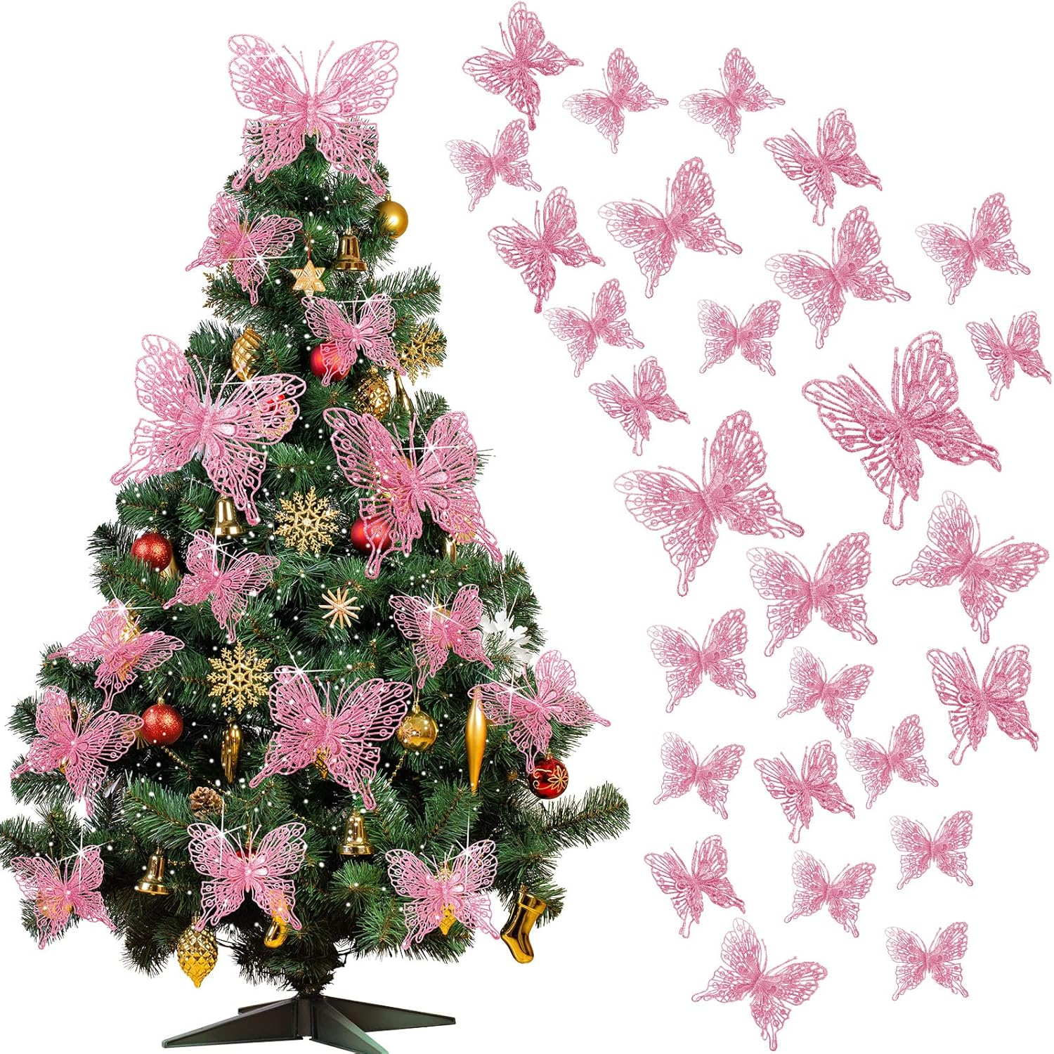 Charniol 36 Pcs 3 Size Christmas Tree Butterfly Decorations Glitter Hollow Butterfly Ornaments Hanging Decorations with Clips for Holiday Crafts Christmas Tree (Blue)