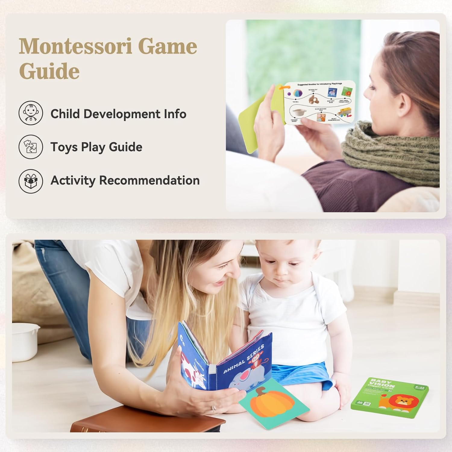 Montessori Toys for Babies 6-12 Months 6 in 1 Learning Educational Toy Set Wooden Toys Play Kit Includes Object Permanence Box, Touch & Match Board, Sensory Ball & Treasure Basket, Soft Baby Book image number 6