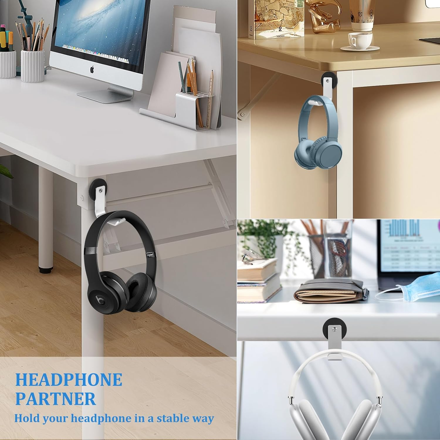 Magnetic Headphone Holder, Aluminum Headset Hooks, Headphone Hanger for Desk & Table, Headphone Mount Stand with Rubber Pad, Compatible with All Computer/Gaming Headsets (Silver) - Silver image number 4