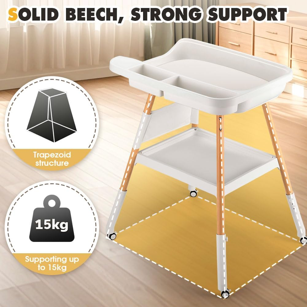 Playpals Baby Changing Table with Wheels, Adjustable Height Diaper Changing Station with Waterproof PU Pad & Storage Organizer, Beech Wood Mobile Nursery Change Table for Newborn & Infant image number 6