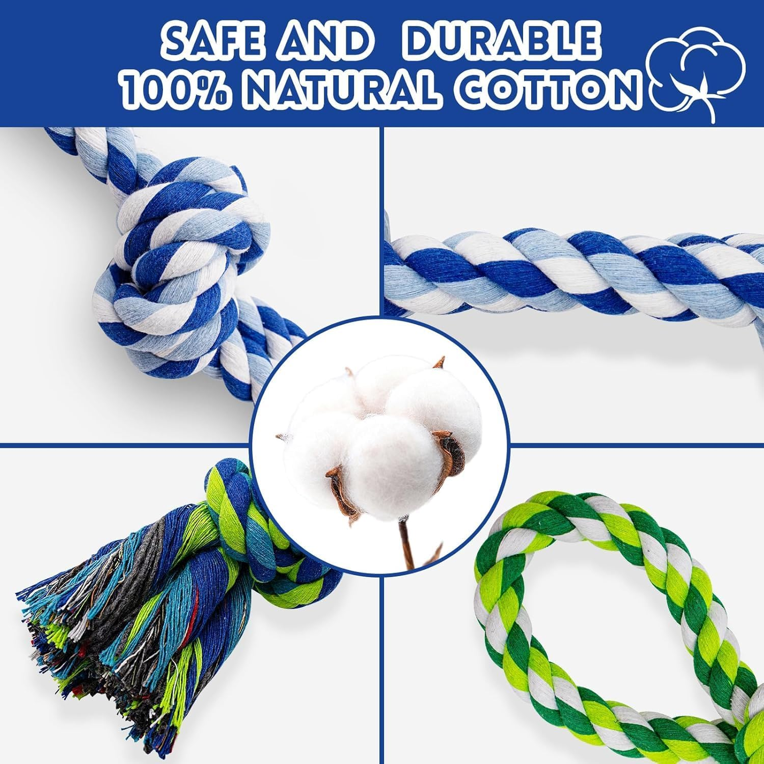 [3 Pack] Dog Rope Toys, Indestructible Dog Toys for Large and Medium Aggressive Chewers, Heavy Duty Dog Rope Toy for Large Breed, Cotton Tug of War Dog Chew Toys for Boredom, Teeth Cleaning image number 4