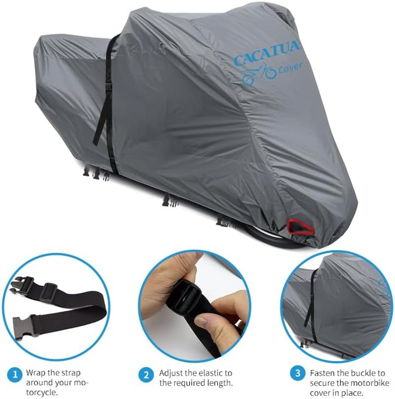 Motorcycle Cover, CACATUA Season Motorcycle Cover 100% Waterproof, Professional for Heavy Motorcycle/High-End Motorcycle,Dustproof Outdoor Sun Protection Universal with Lock Holes, Storage Bag, M image number 1