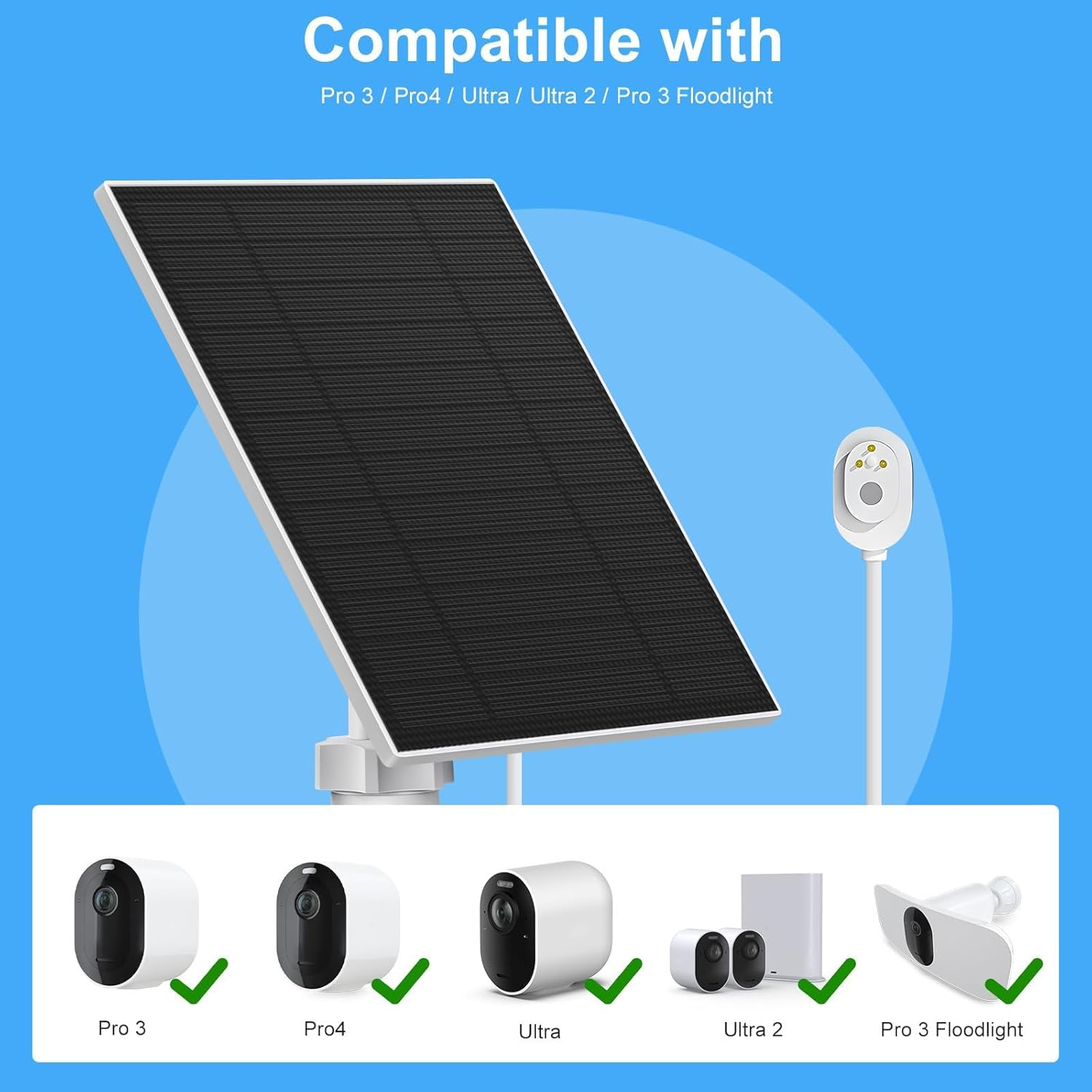 Solar Panel Charger for Arlo Pro 3,Pro4,Pro 5S,Ultra,Ultra 2,Pro 3 Floodlight,5W IP65 Waterproof Solar Panel Charger for Arlo with 9.84Ft Charging Cable (1 Pack)