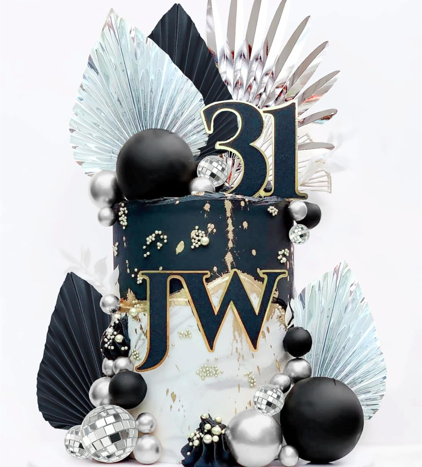 Jevenis Black Sliver Disco Balls Cake Decoration Silver Palm Leaves Cake Decoration Stars Cake Decoration 70S Party Supplies 70S Birthday Cake Decoration Disco Bachelorette Party Supplies image number 2